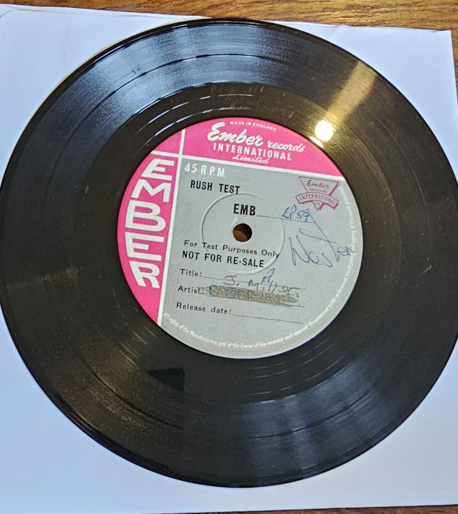 Mark Williams J Miller Rush Test Ember EMB 259 7" Vinyl