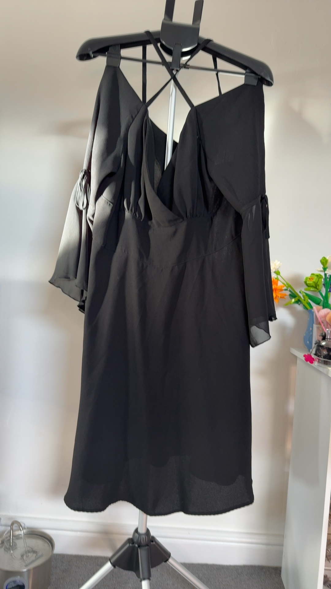 Black Cold Shoulder Dress Medium Chiffon Sleeve Criss Cross Back