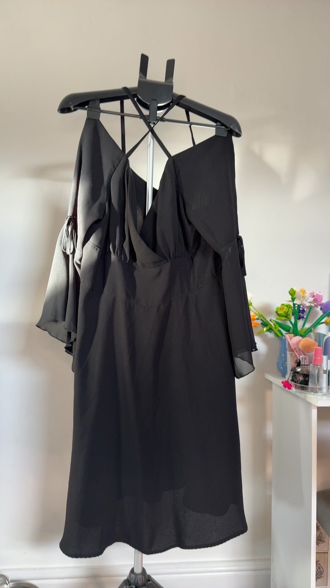Black Cold Shoulder Dress Medium Chiffon Sleeve Criss Cross Back image 2