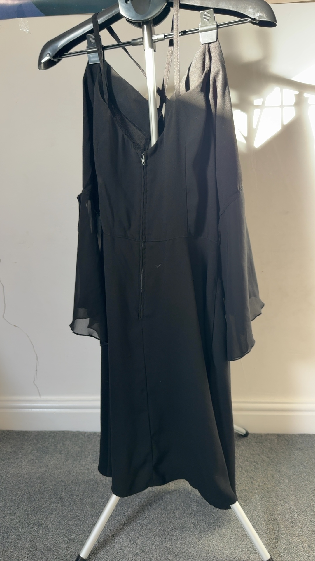 Black Cold Shoulder Dress Medium Chiffon Sleeve Criss Cross Back image 5
