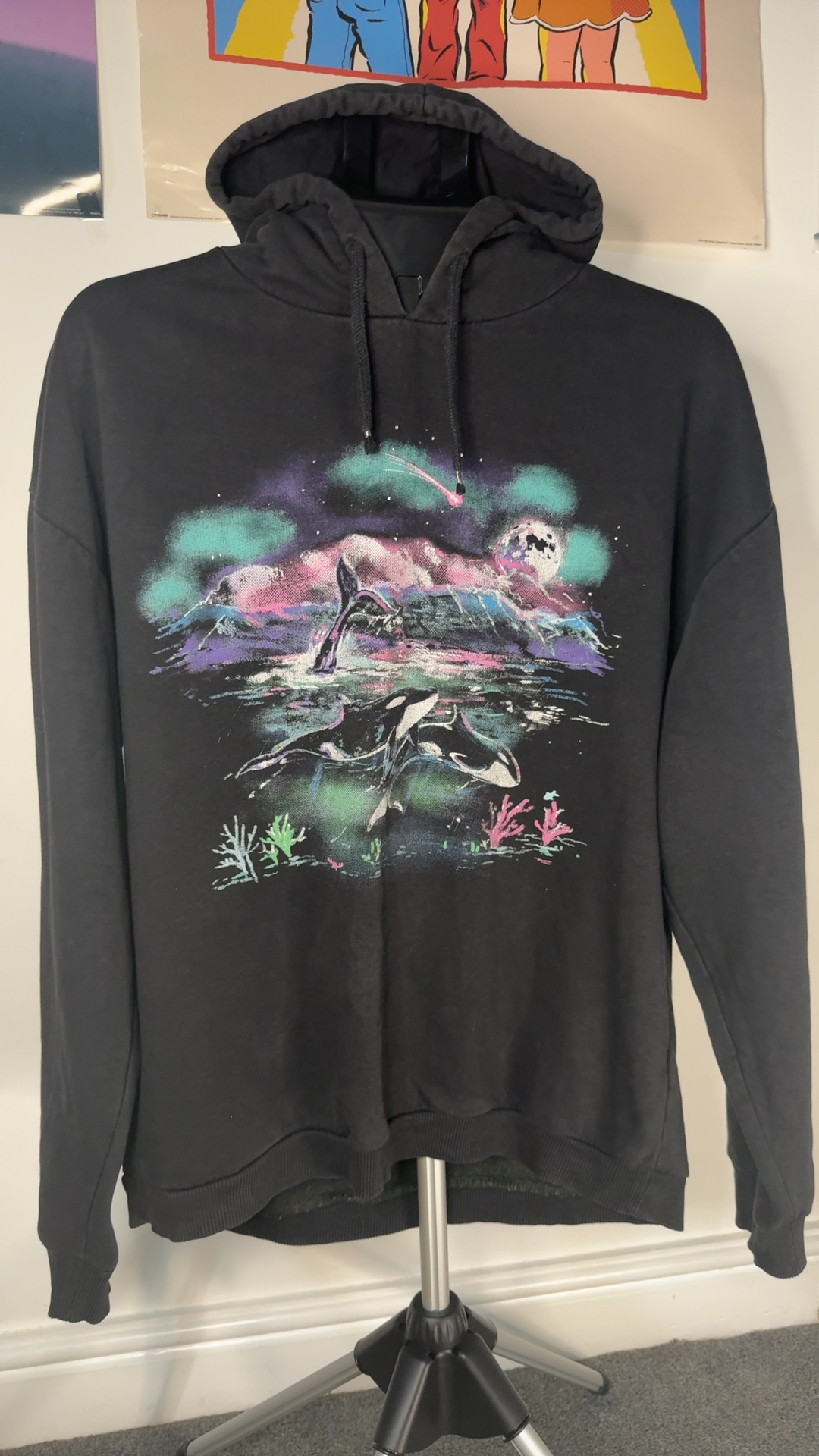 Topshop Black & Multicolour Orca Print Hoodie UK Small