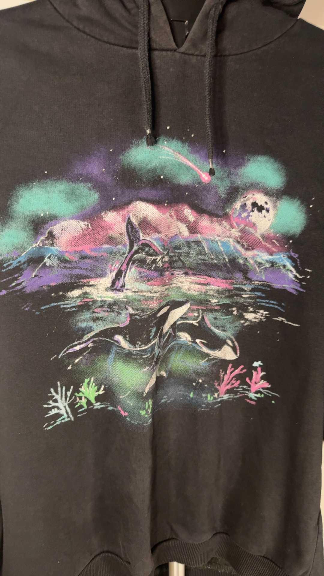 Topshop Black & Multicolour Orca Print Hoodie UK Small image 2