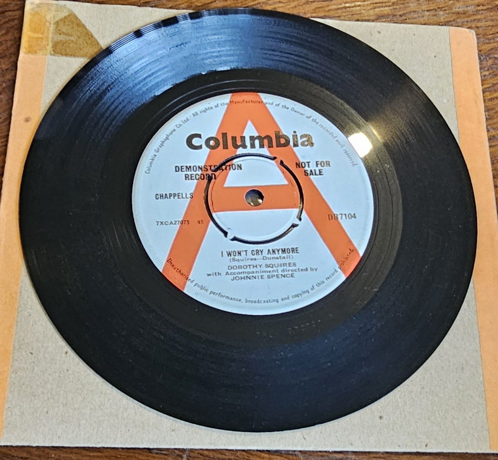 Dorothy Squires I Won't Cry Anymore PROMO Columbia DB7104 7" Vinyl Single