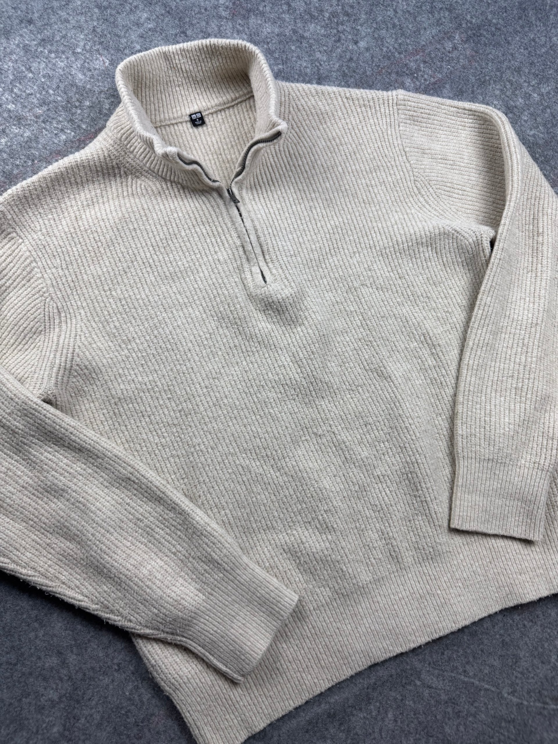 Uniqlo Cream Ribbed Half Zip Sweater Men’s M Wool Blend