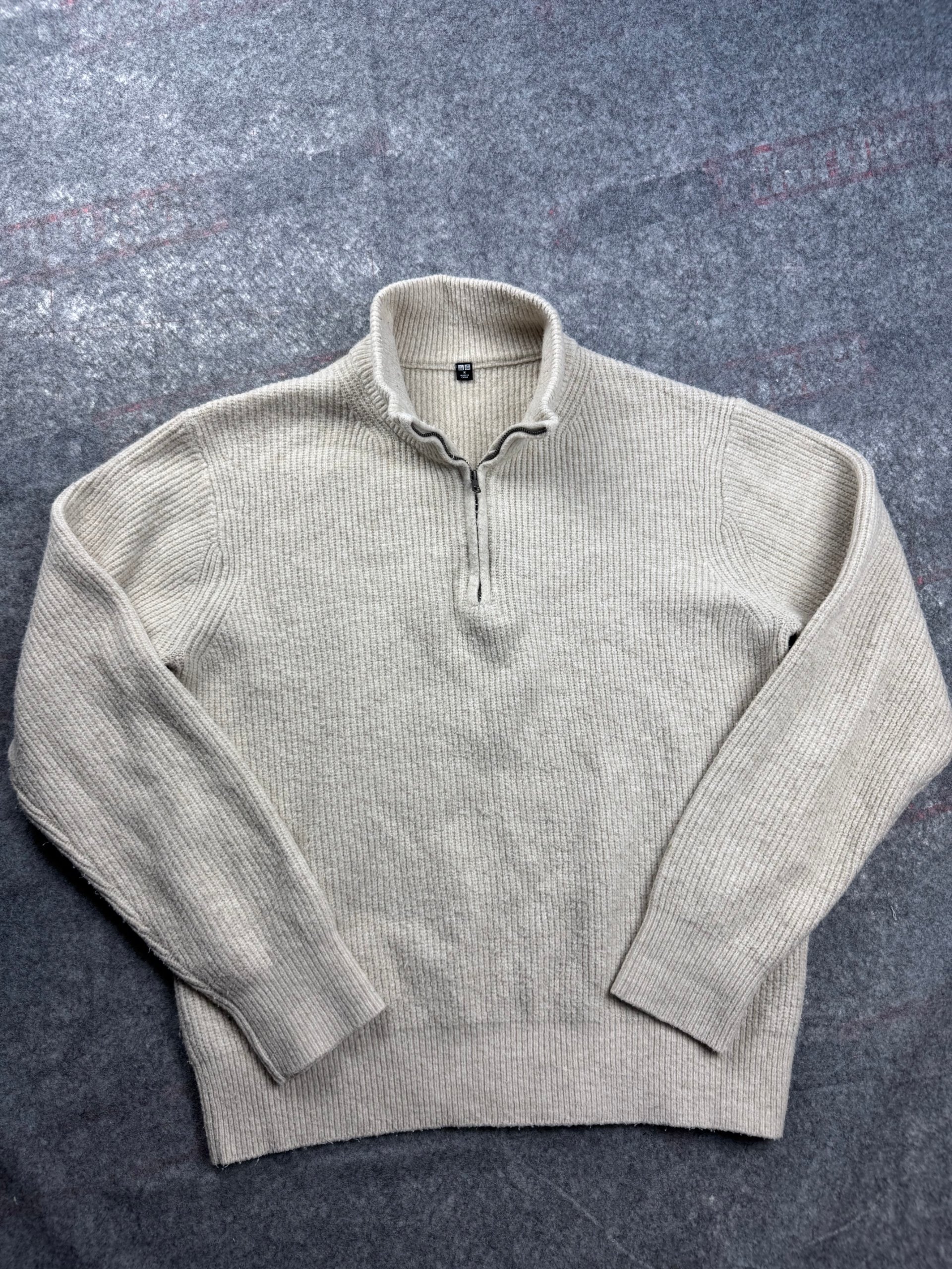 Uniqlo Cream Ribbed Half Zip Sweater Men’s M Wool Blend image 2