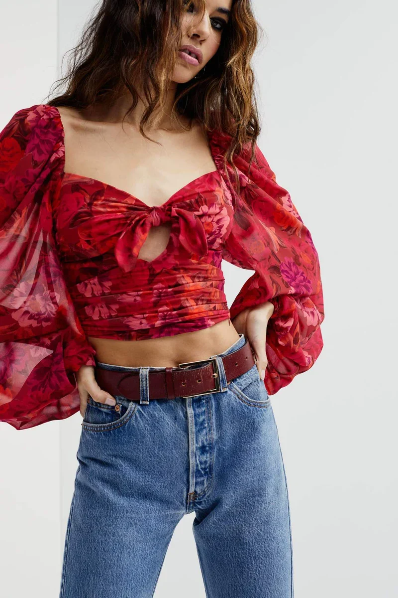 New For Love & Lemons Red Floral Crop Top Size XS image 2