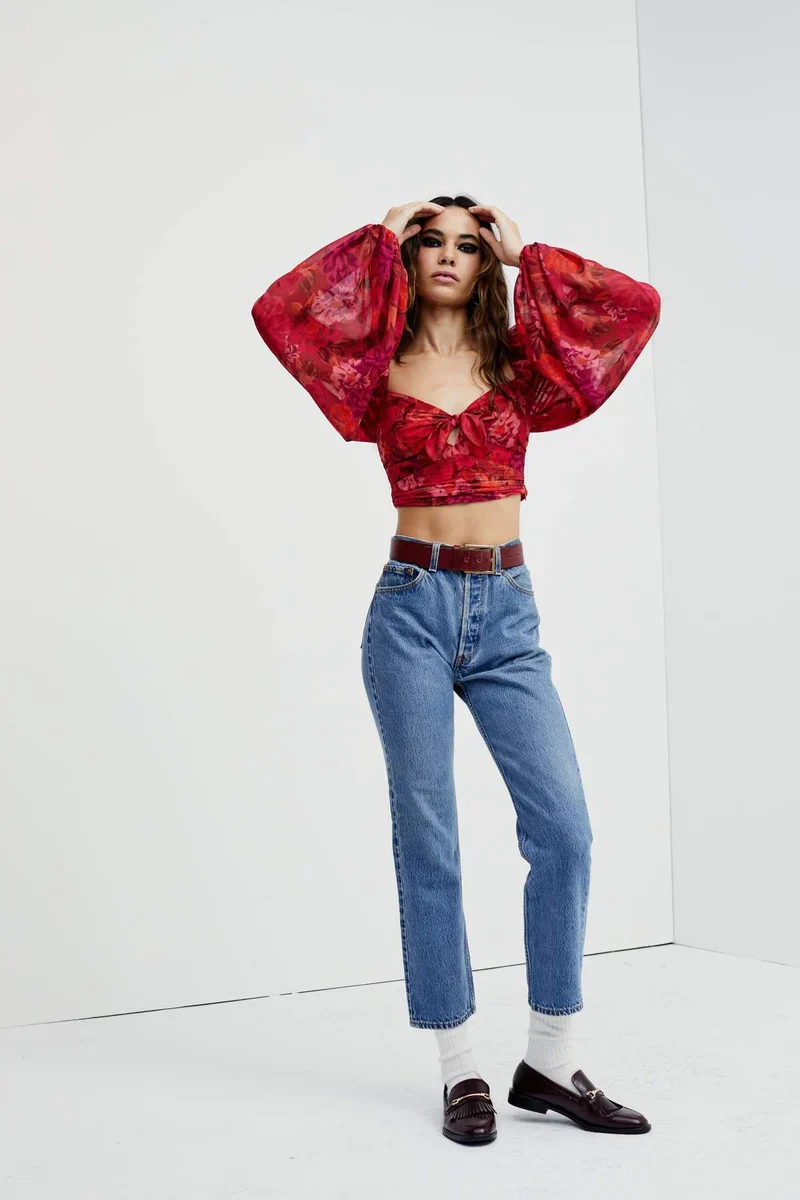 New For Love & Lemons Red Floral Crop Top Size XS image 3