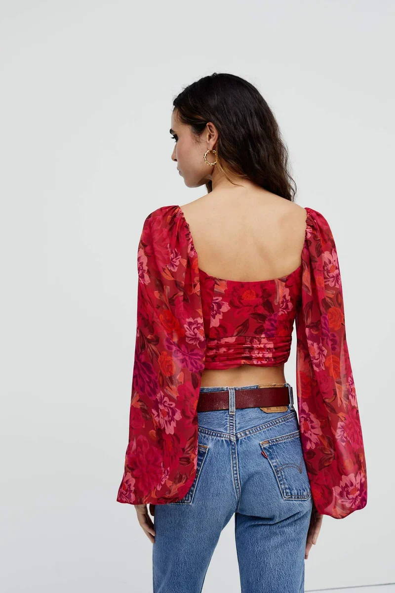 New For Love & Lemons Red Floral Crop Top Size XS image 4