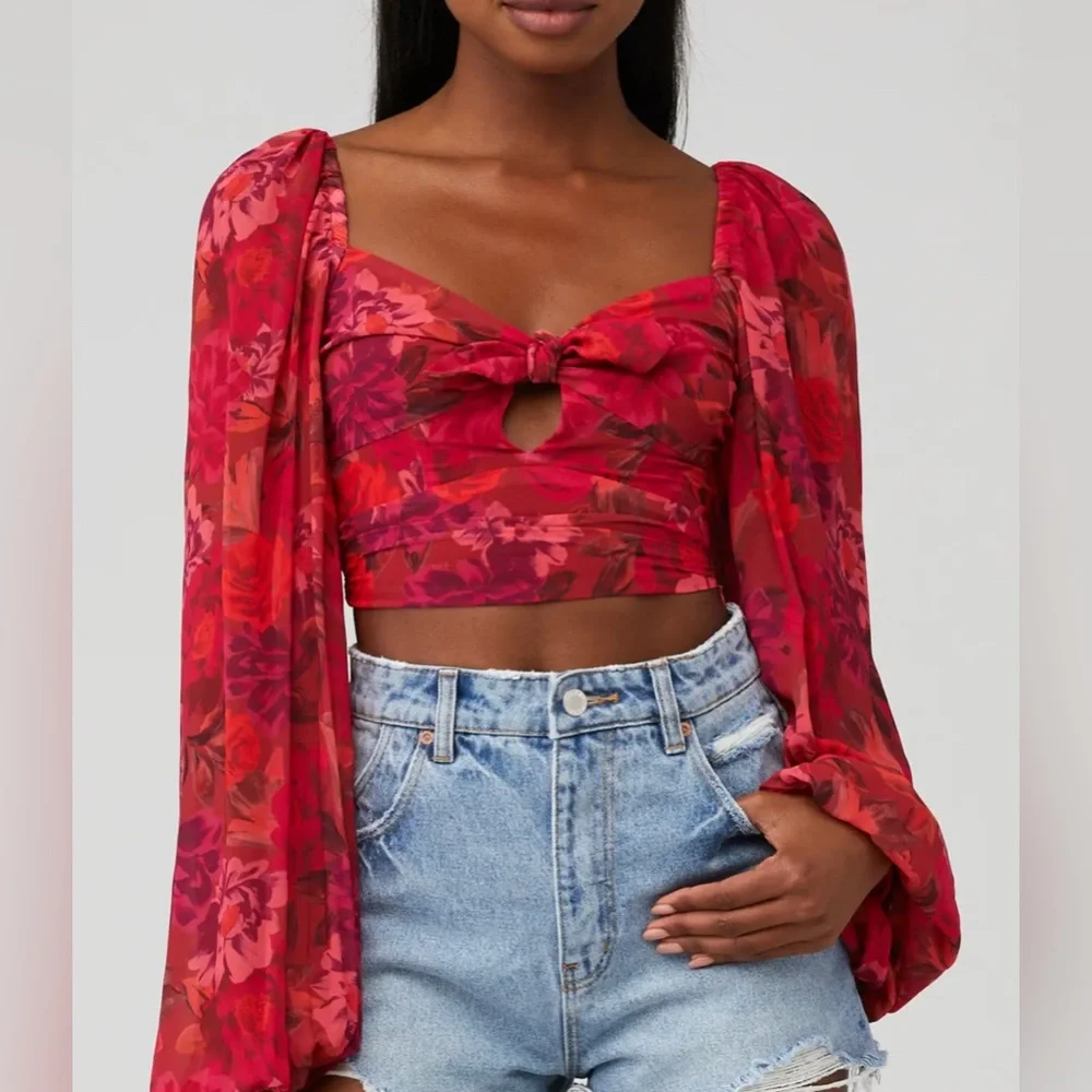 New For Love & Lemons Red Floral Crop Top Size XS image 5