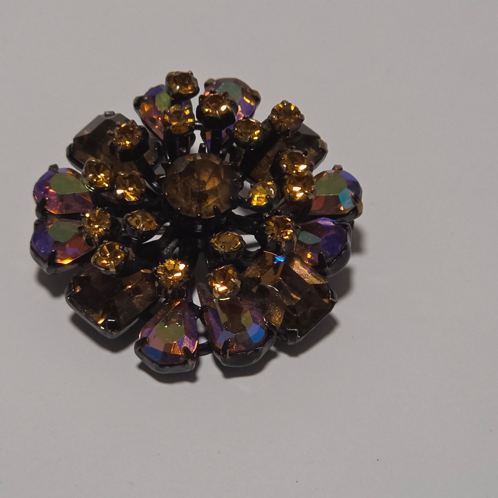 Vintage Brown & Multi-Coloured Rhinestone Flower Brooch .b9 image 2