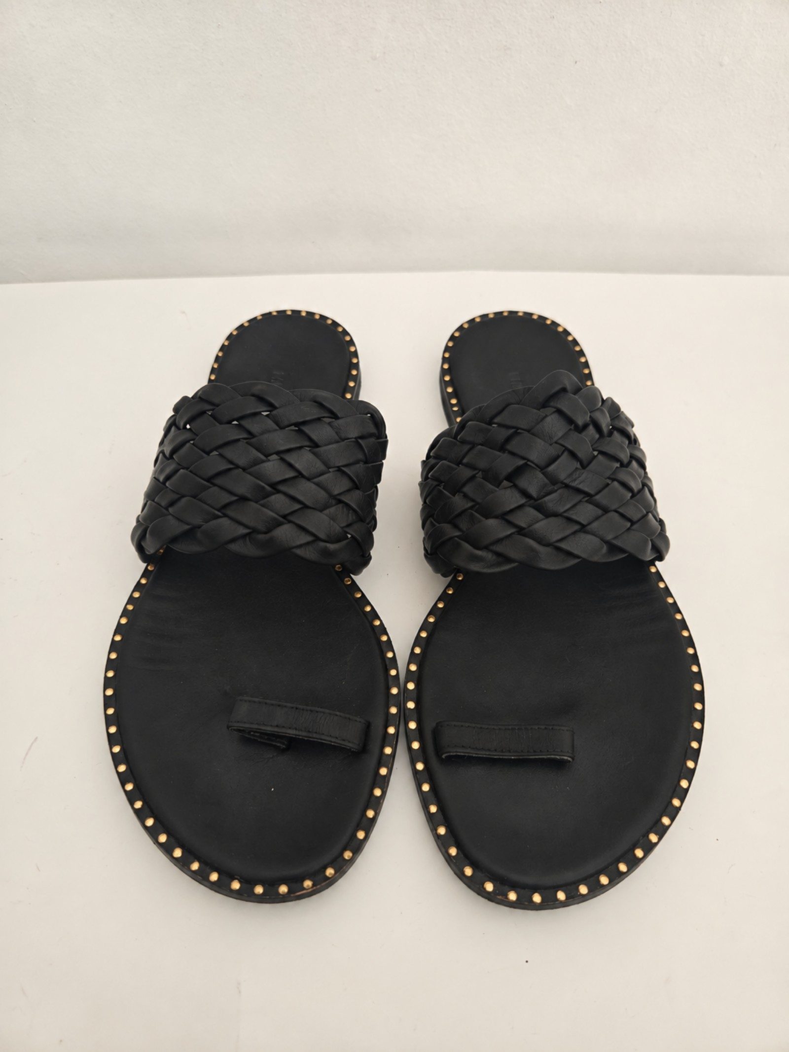 Makis Kotris Womens Black Leather Braided Studded Flat Sandals Size 38 image 2