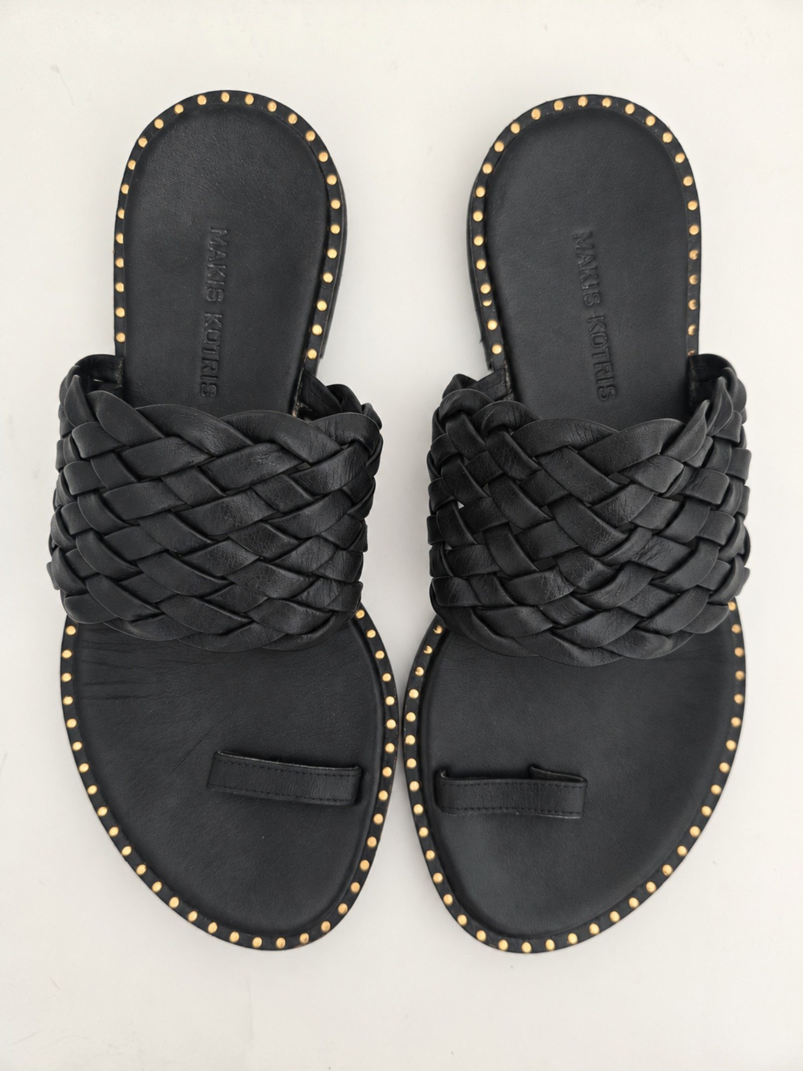 Makis Kotris Womens Black Leather Braided Studded Flat Sandals Size 38