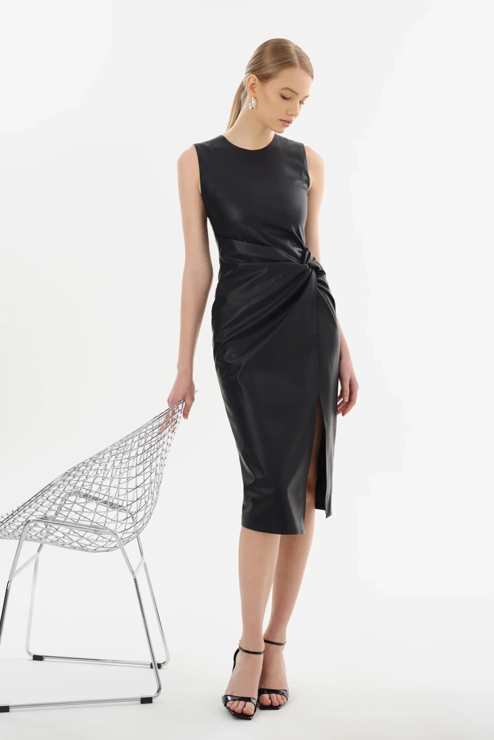 New 8 BY YOOX Black 100% Lambskin Leather Midi Dress Size M image 6