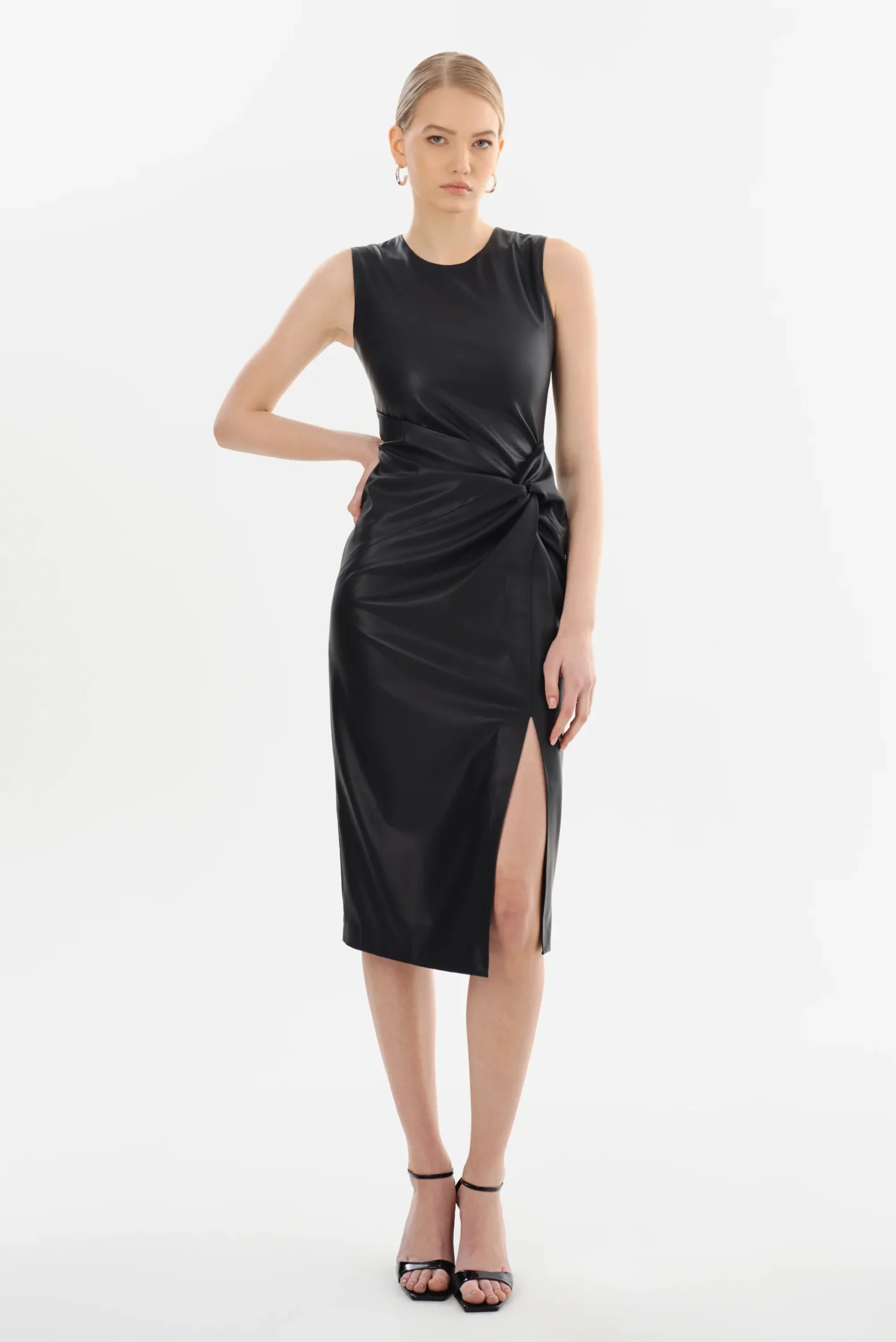 New 8 BY YOOX Black 100% Lambskin Leather Midi Dress Size M image 7