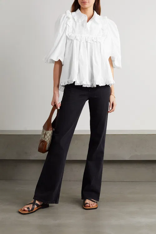 New Joslin Studio White Organic Cotton Ruffled Blouse Top Size S image 2