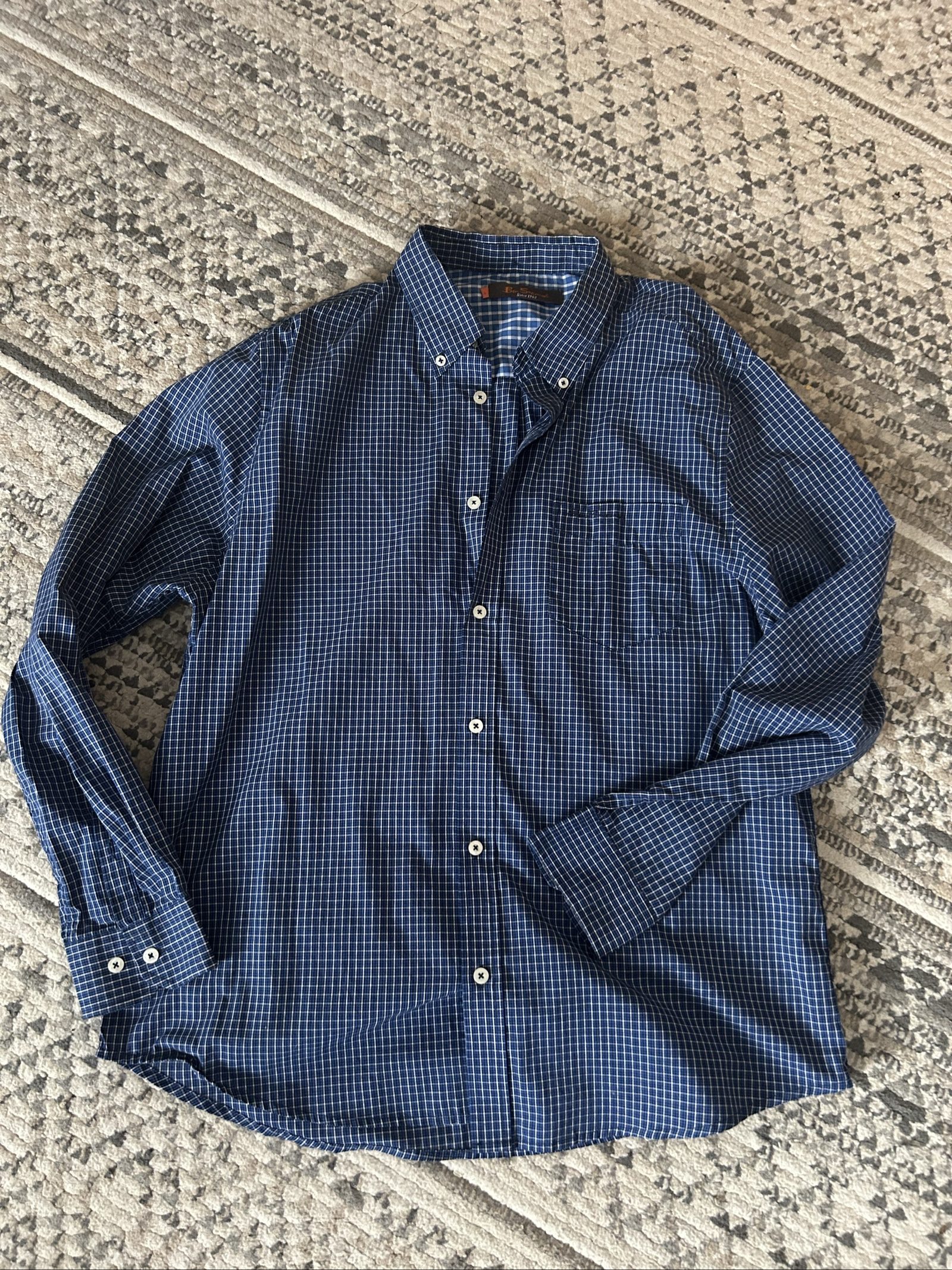 Ben Sherman Men Blue & White Check Shirt Large Cotton Poly