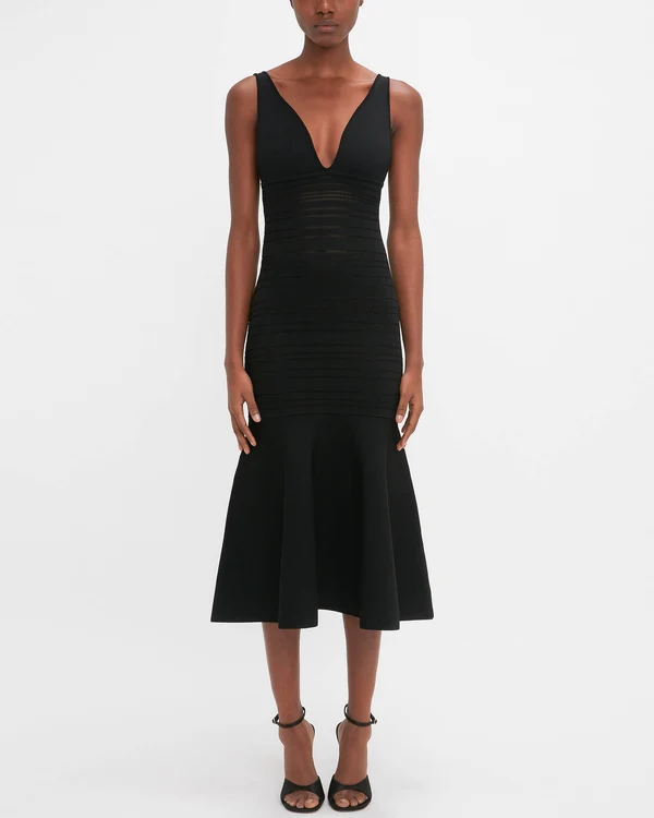 New Victoria Beckham Black Compact Viscose Mermaid Midi Dress Size M image 3