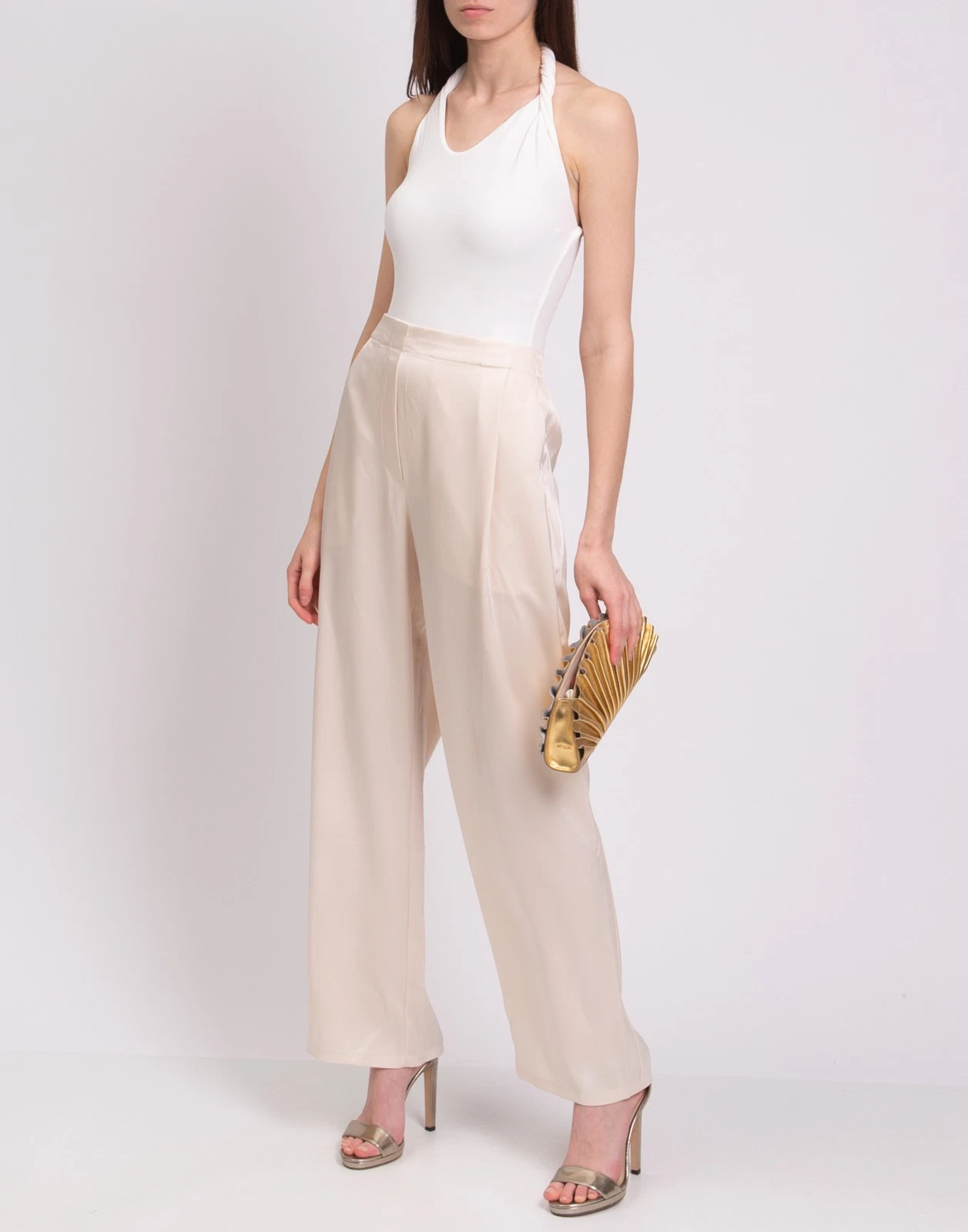 Leset Cream Satin Wide-Leg Trousers Size L image 3