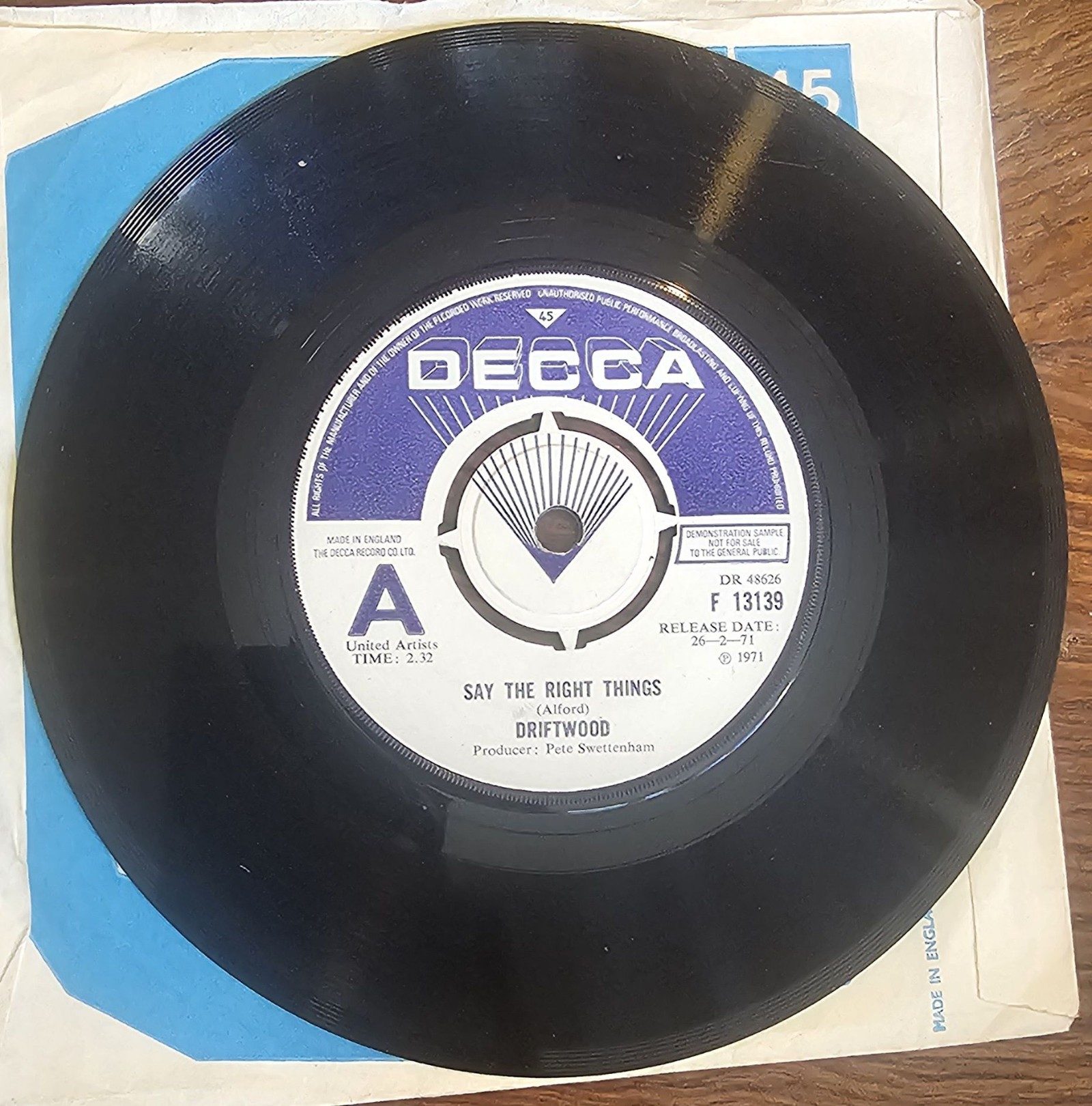 Driftwood Promo Say The Right Things DEMO Decca F 13139 7"
