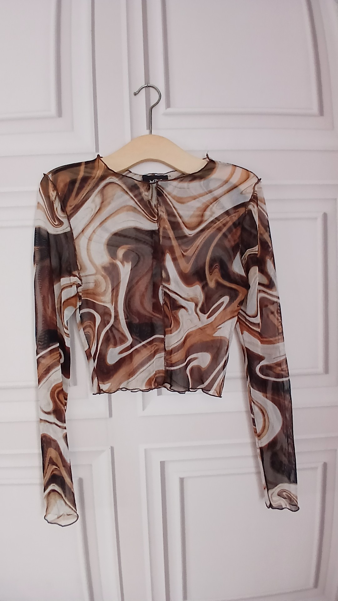 Just Polly New York Brown Swirl Print Mesh Long Sleeve Top Small