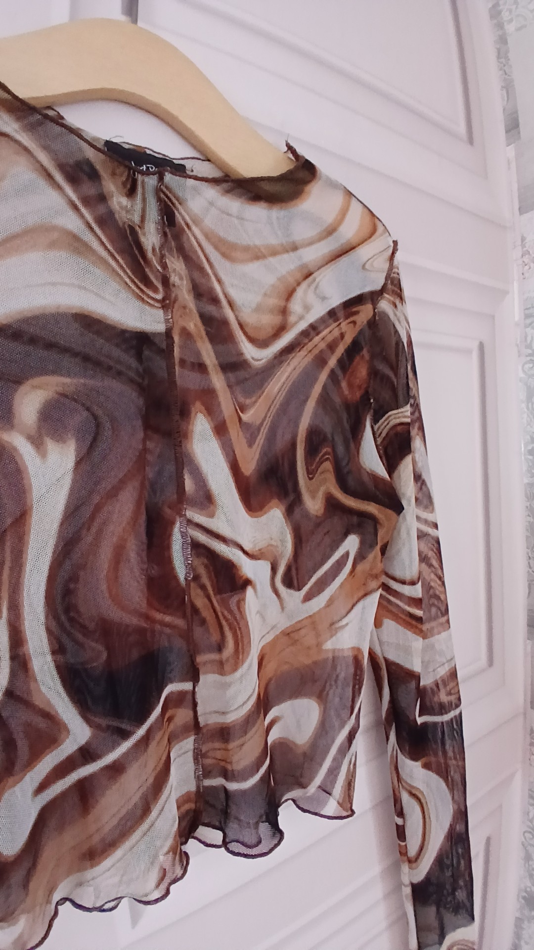 Just Polly New York Brown Swirl Print Mesh Long Sleeve Top Small image 2