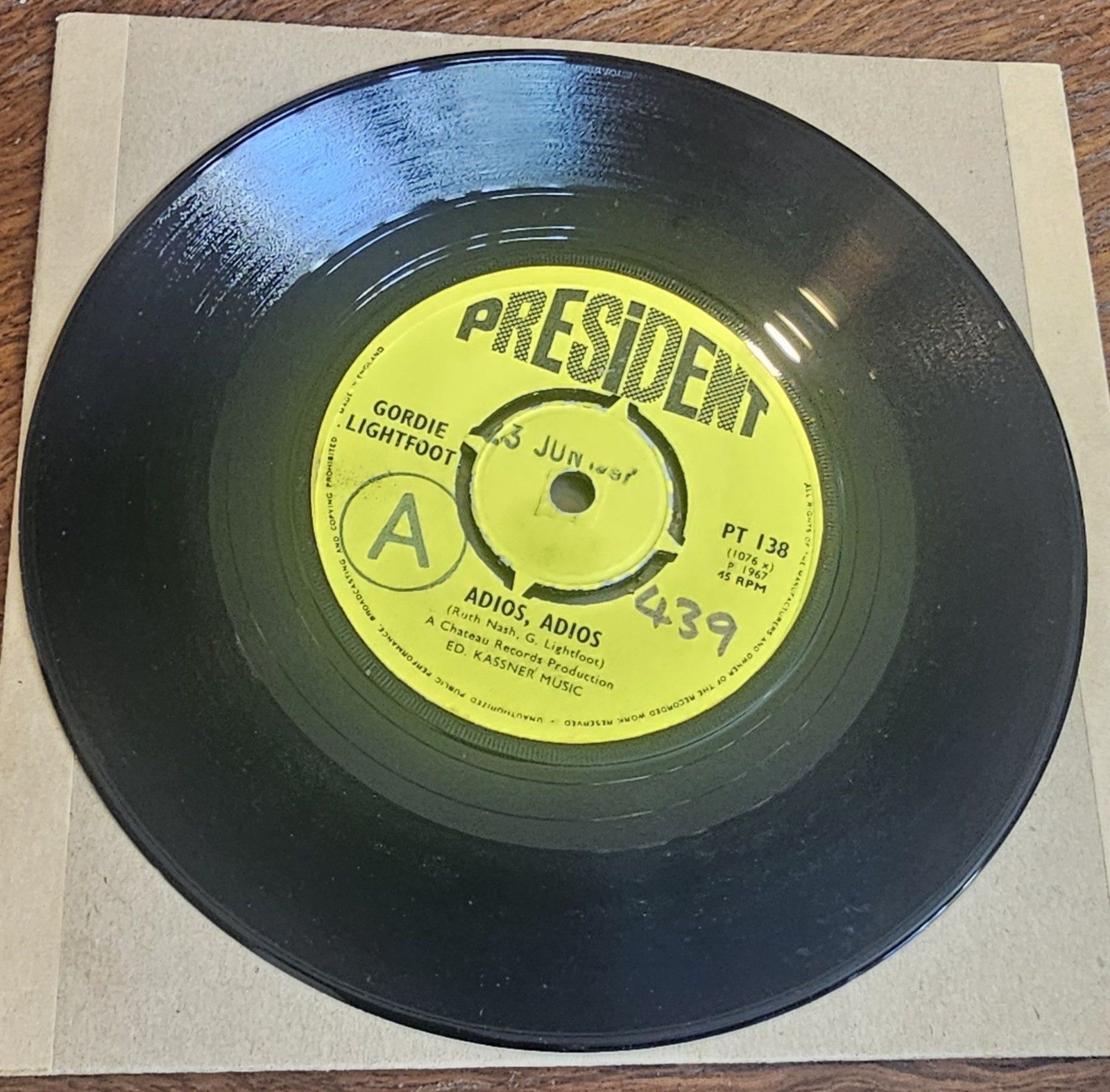 Gordie Lightfoot Adios, Adios PROMO President PT 138 7" 45 RPM