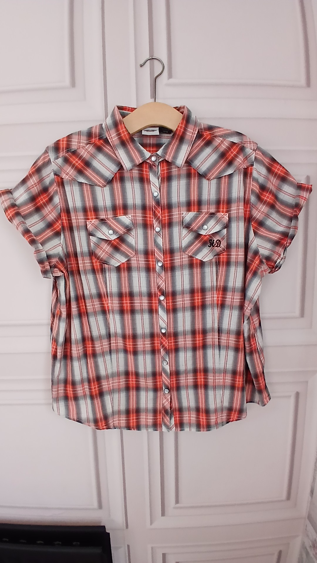 Harley-Davidson Women's Red Grey Plaid 100% Cotton Shirt Embroidered UK 22