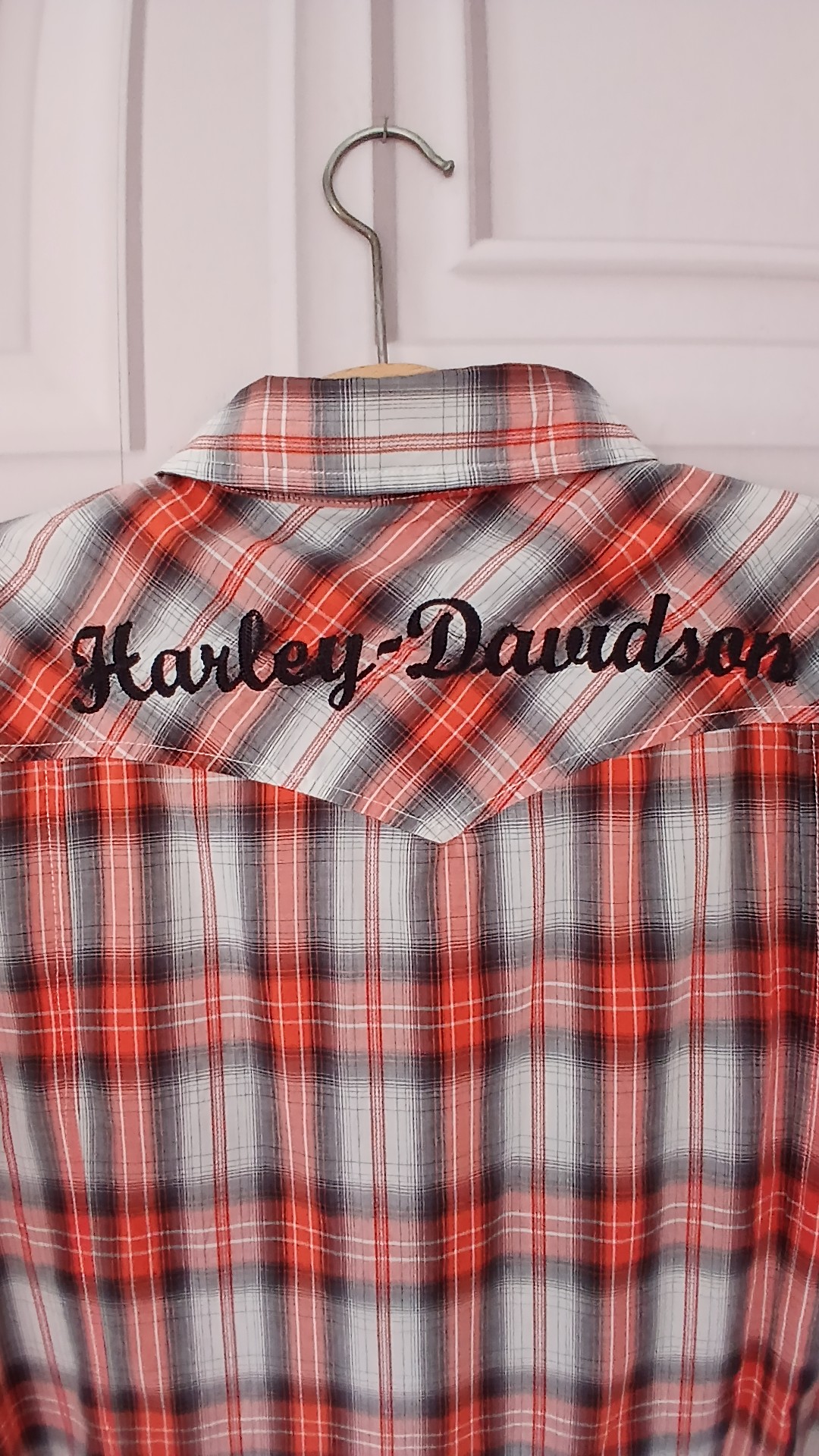 Harley-Davidson Women's Red Grey Plaid 100% Cotton Shirt Embroidered UK 22 image 2