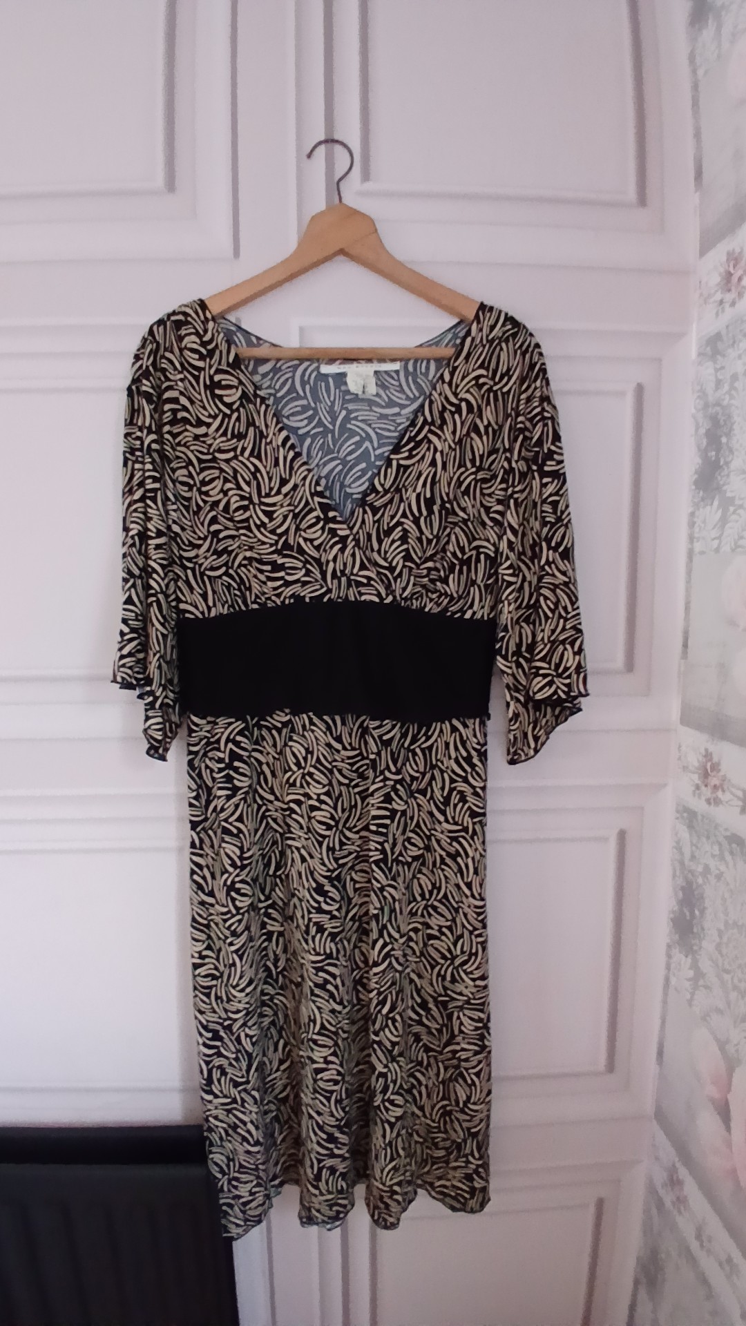 Max Studio Black & Beige Patterned Midi Dress with Tie sash UK 12