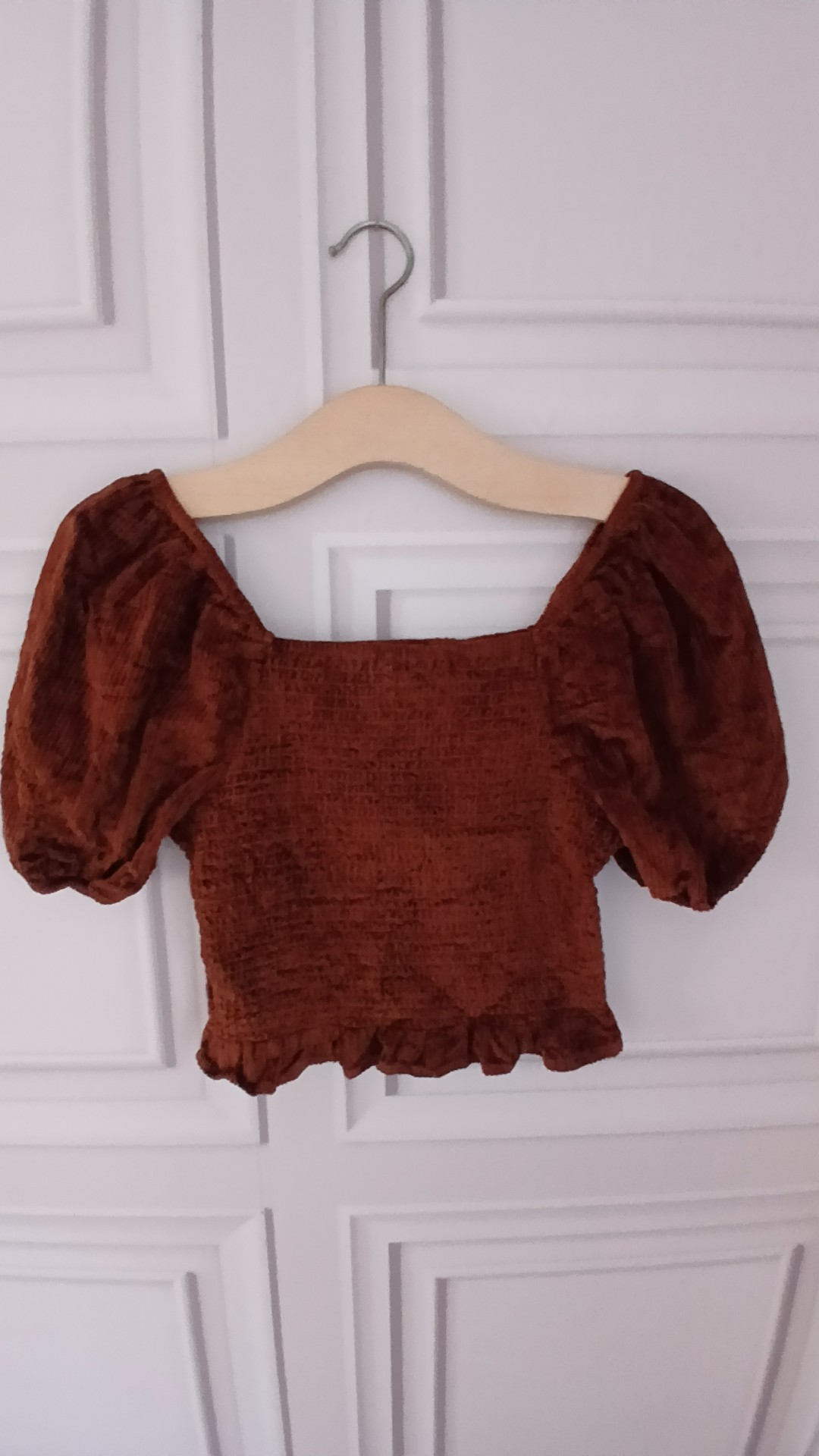 American Eagle Rust Brown Puff Sleeve 100% Cotton Crop Top UK 8