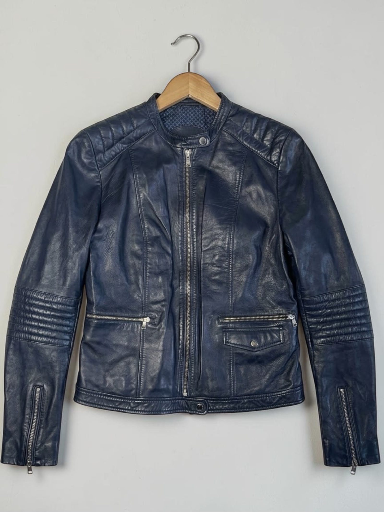 Massimo Dutti Navy genuine Leather Jacket utility Y2K