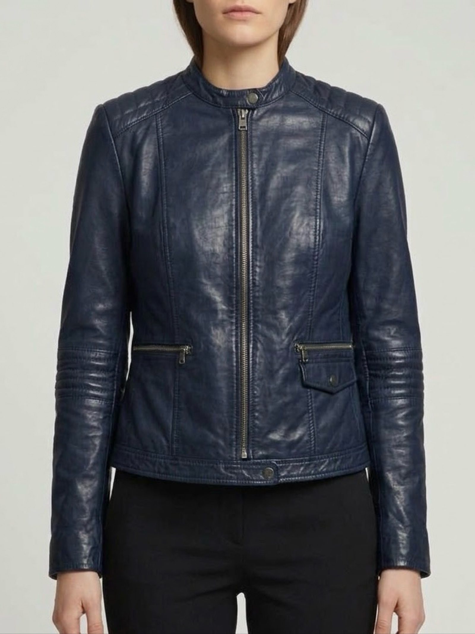 Massimo Dutti Navy genuine Leather Jacket utility Y2K image 2