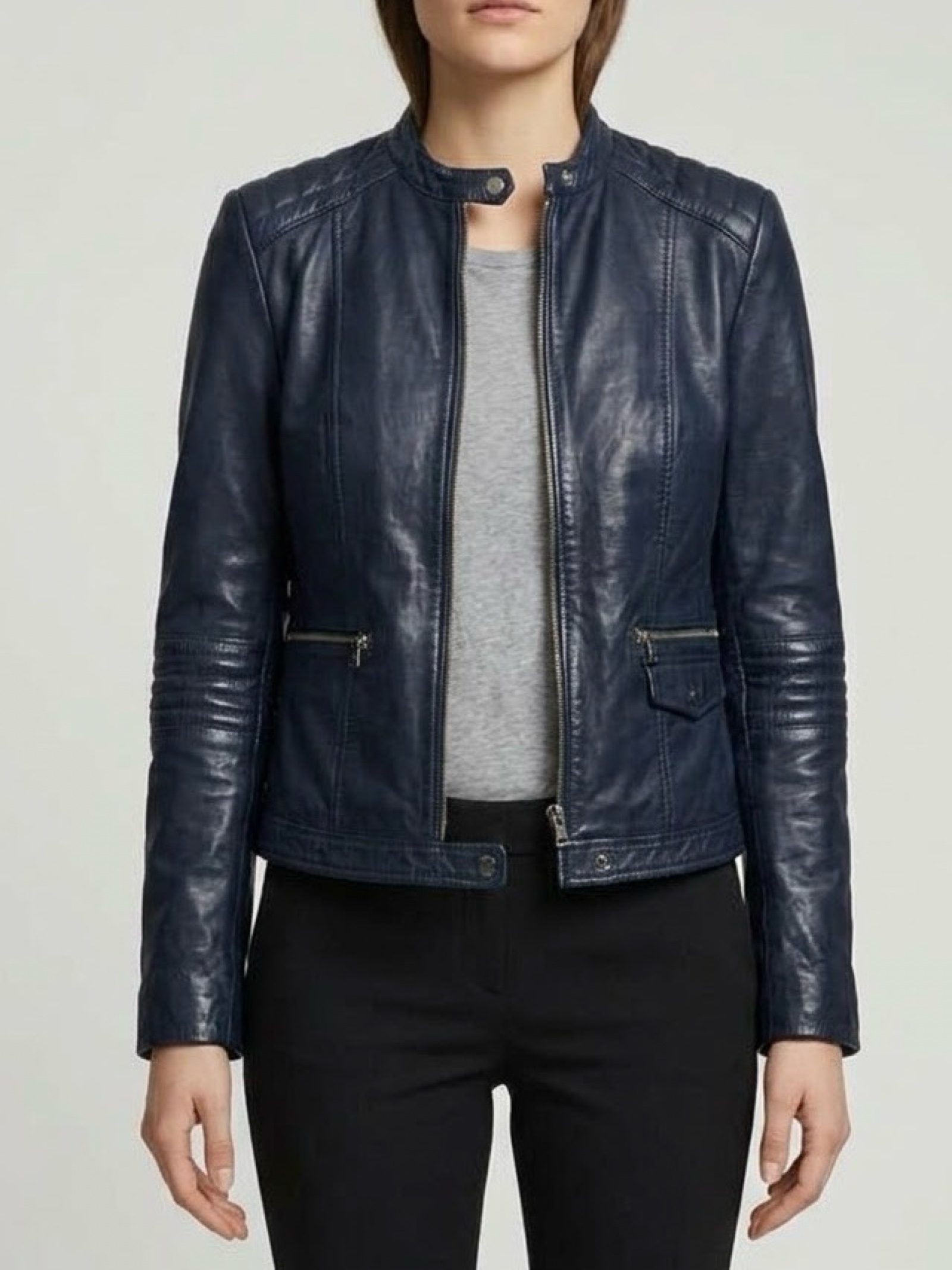 Massimo Dutti Navy genuine Leather Jacket utility Y2K image 3