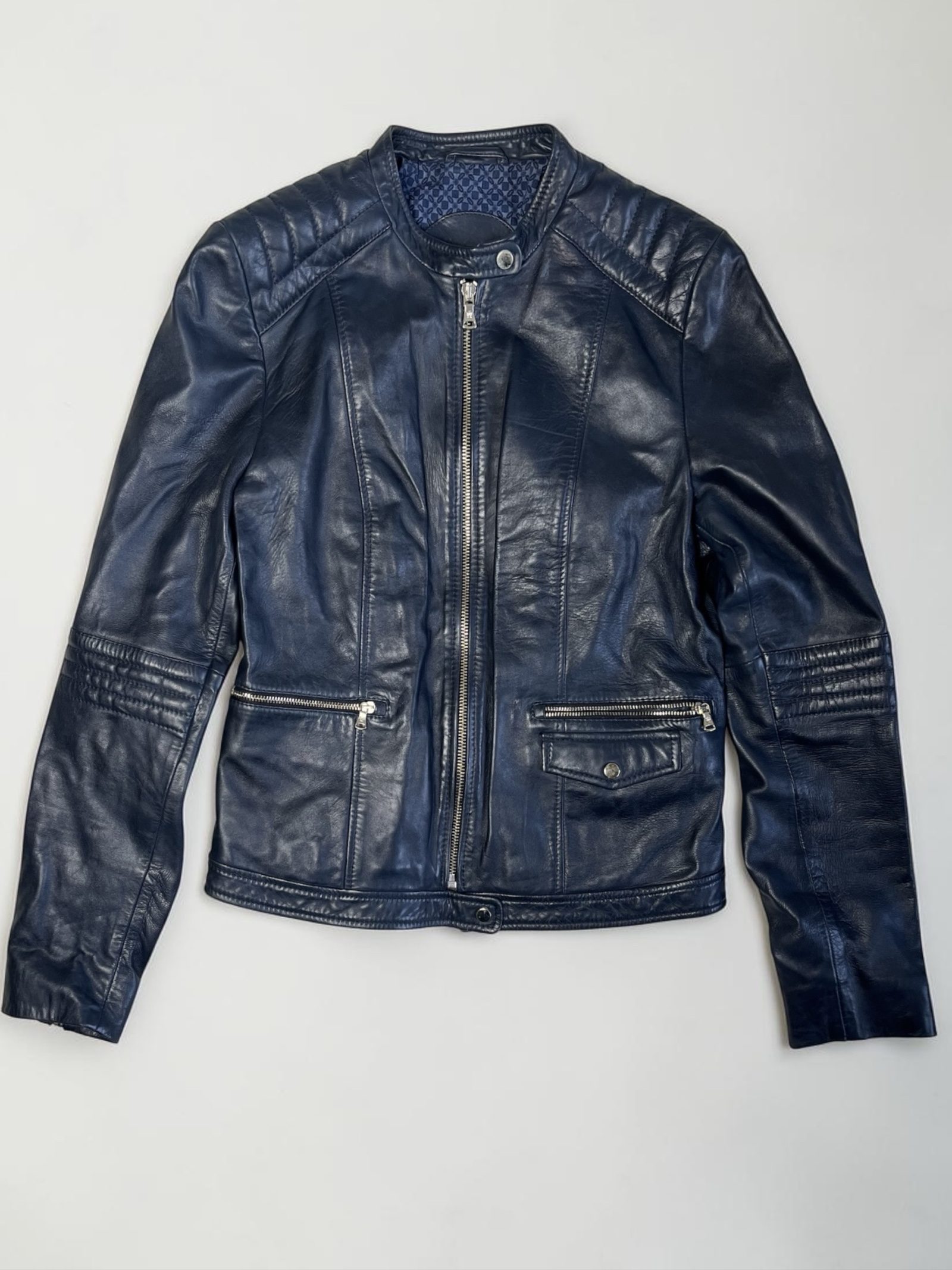Massimo Dutti Navy genuine Leather Jacket utility Y2K image 4