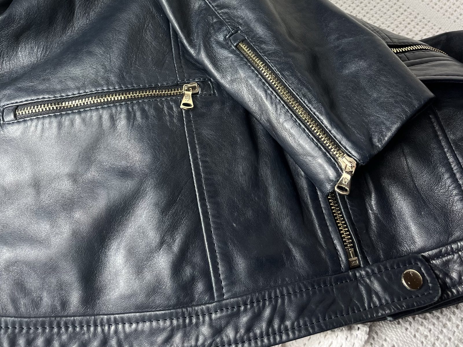 Massimo Dutti Navy genuine Leather Jacket utility Y2K image 8