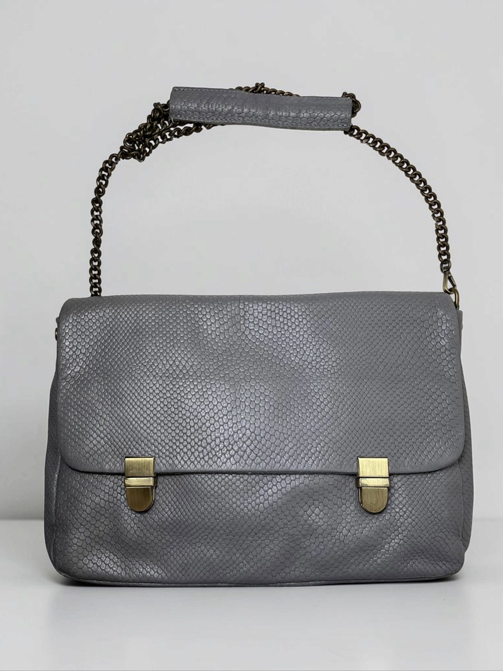 Grey Faux Leather Chain Handle Shoulder Bag