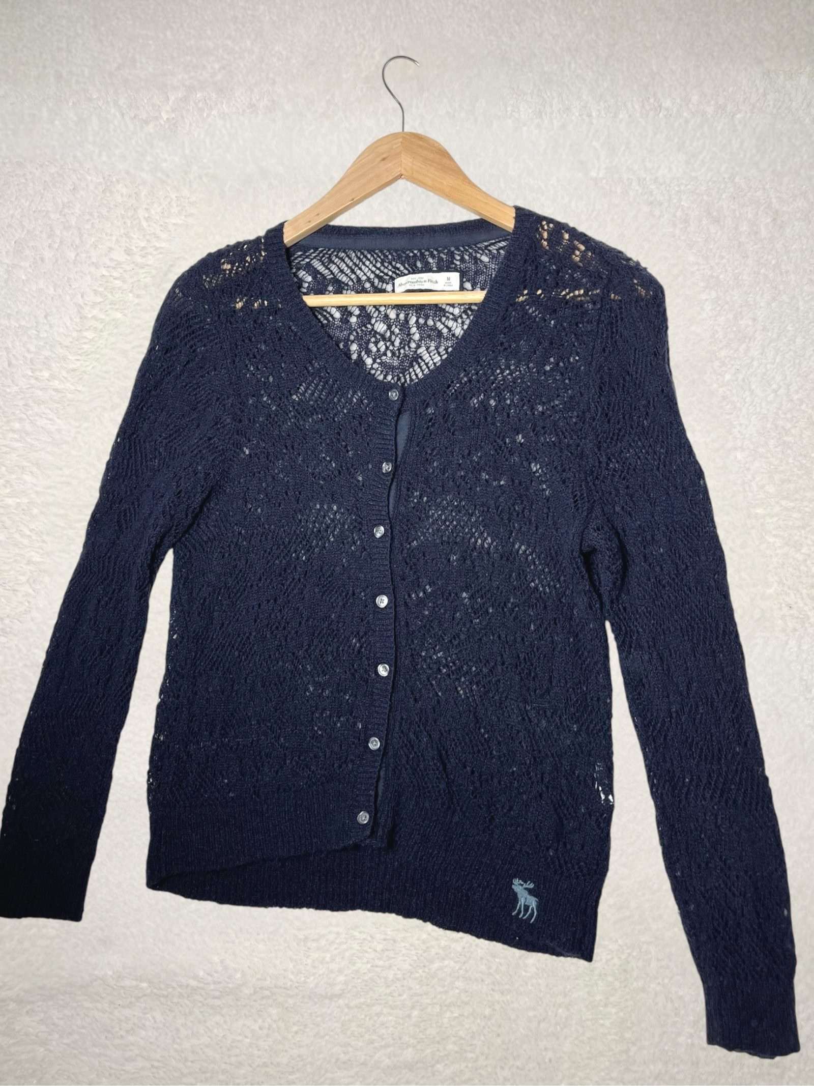 Abercrombie & Fitch pointelle Fine knit Button Cardigan ajour Medium Navy image 2