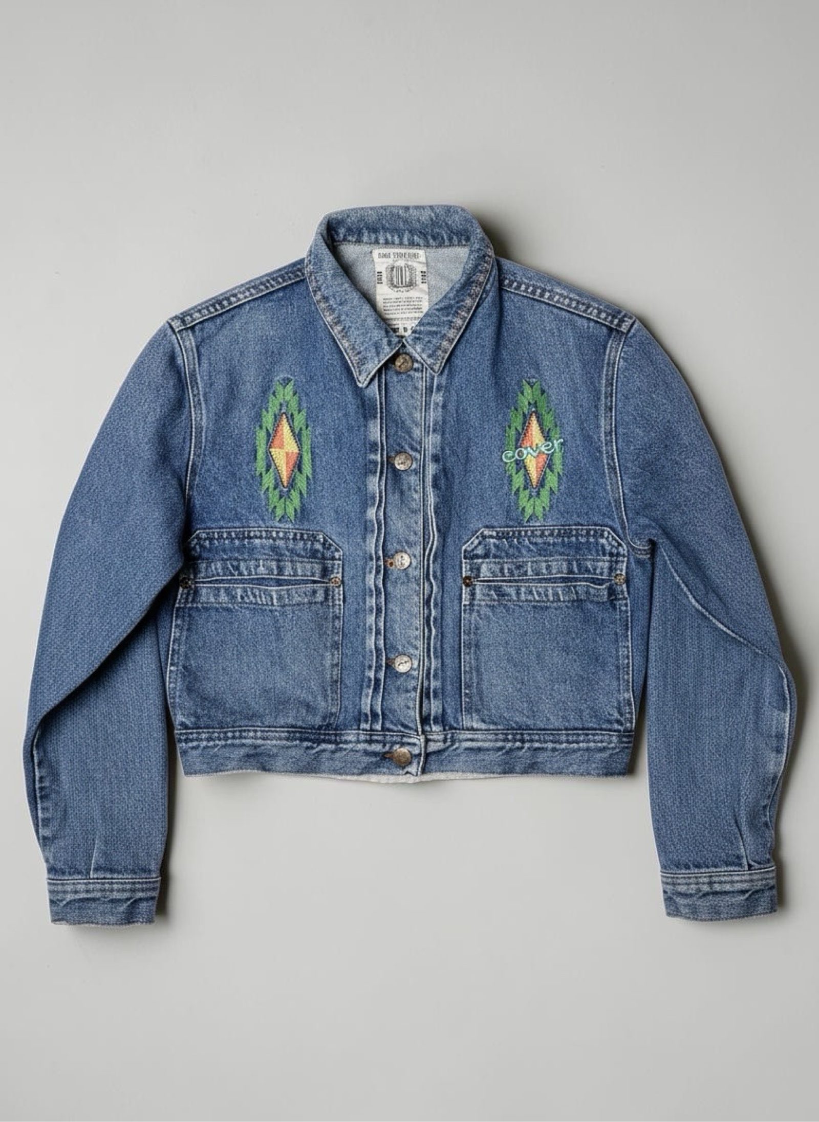 Blue Denim Jeans Jacket Embroidered Cropped Small Western Navajo Y2K