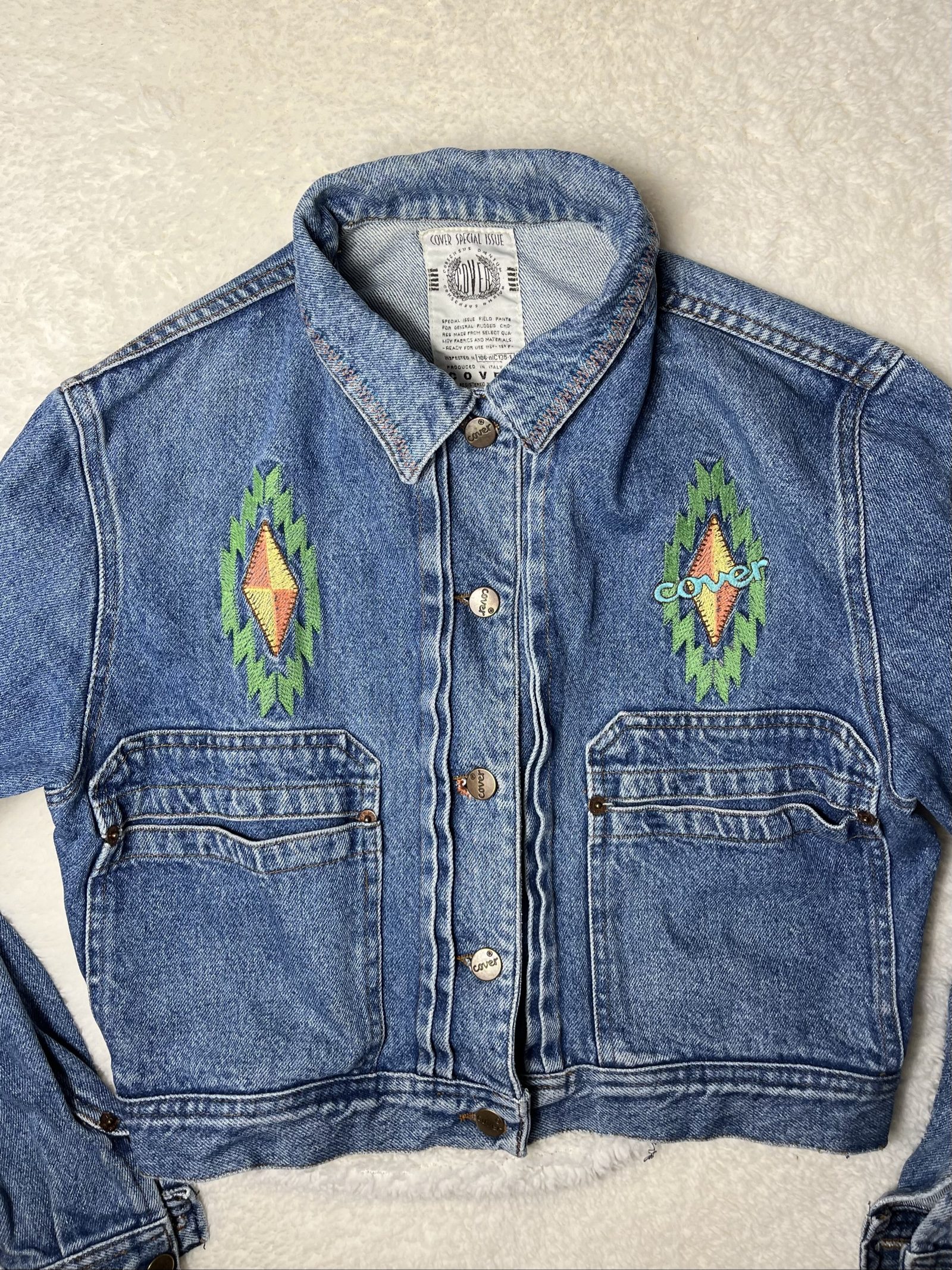Blue Denim Jeans Jacket Embroidered Cropped Small Western Navajo Y2K image 2
