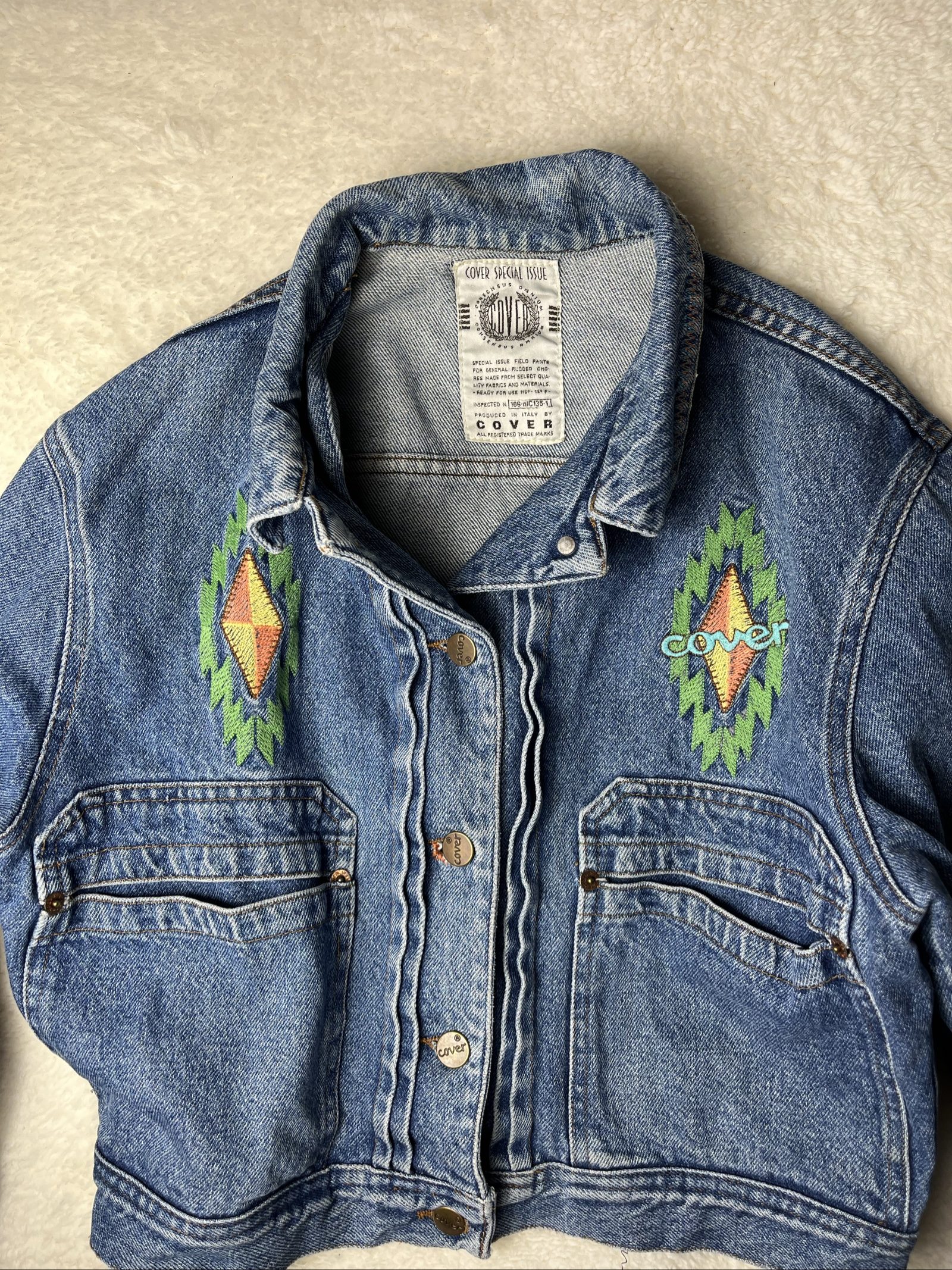 Blue Denim Jeans Jacket Embroidered Cropped Small Western Navajo Y2K image 3