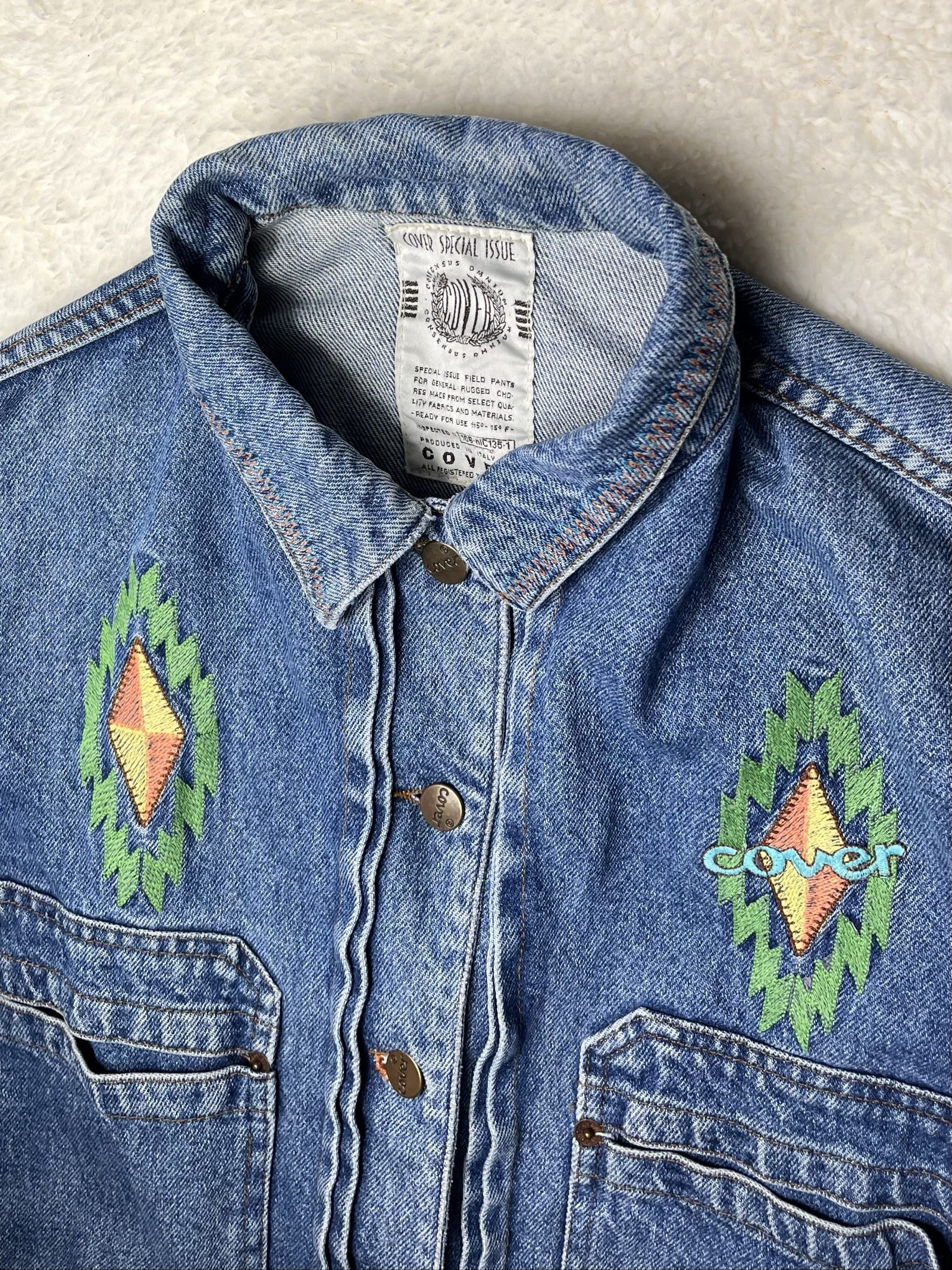 Blue Denim Jeans Jacket Embroidered Cropped Small Western Navajo Y2K image 4