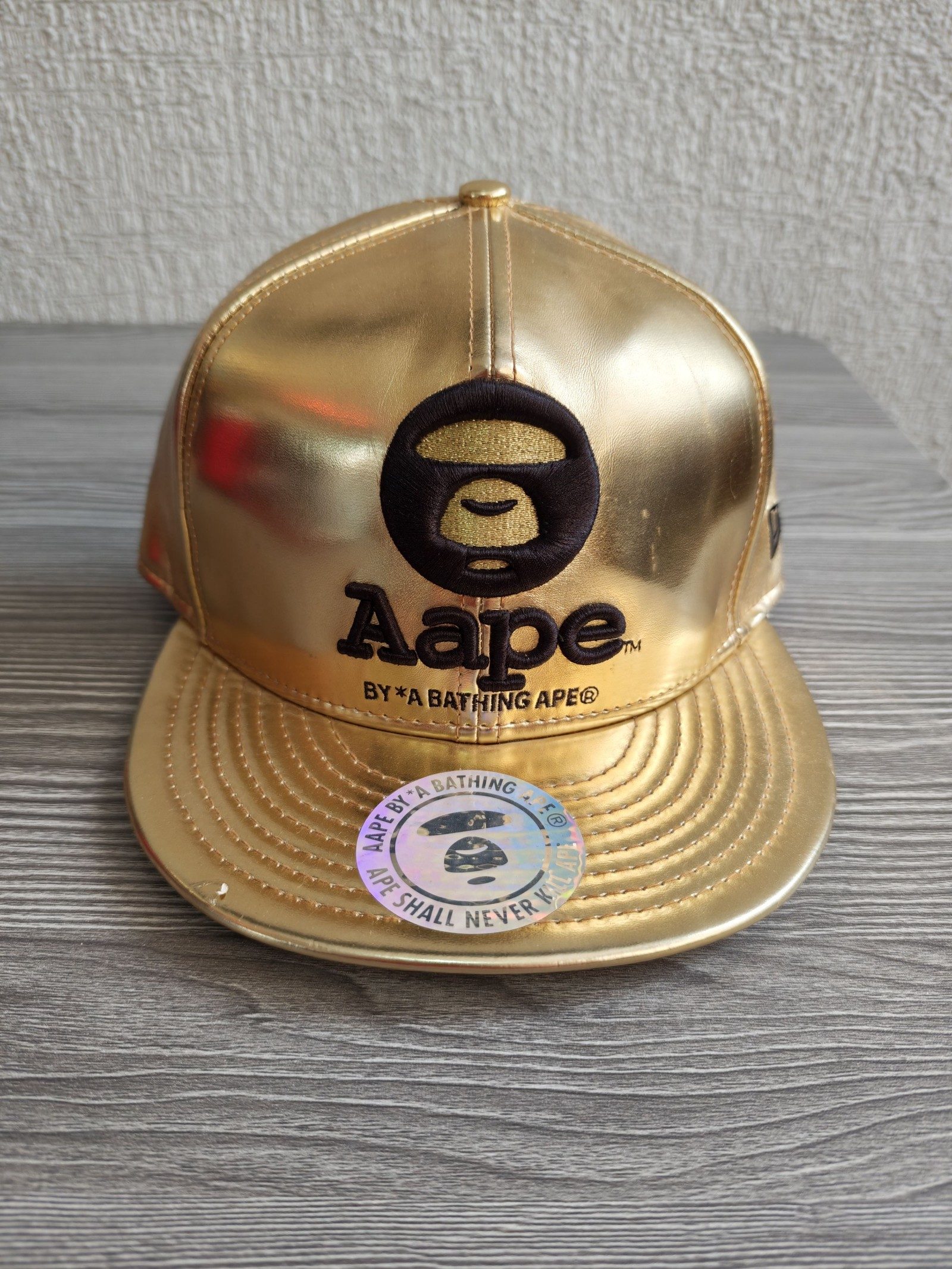 Aape Gold Faux Leather Snapback Cap Small-Medium Black Underpeak