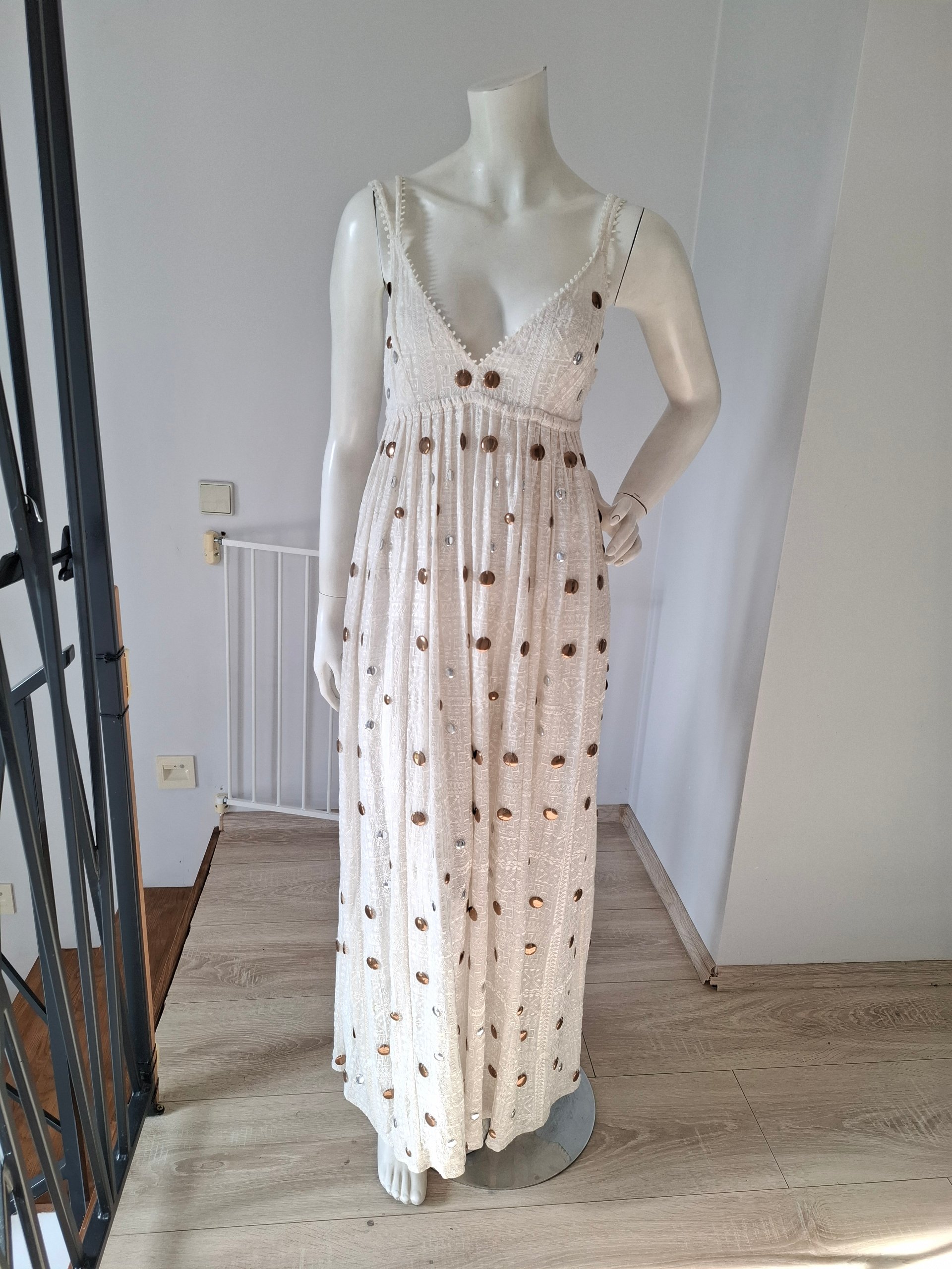 New Hayley Menzies Cream Mirror Detail Boho Maxi Dress Size M image 6