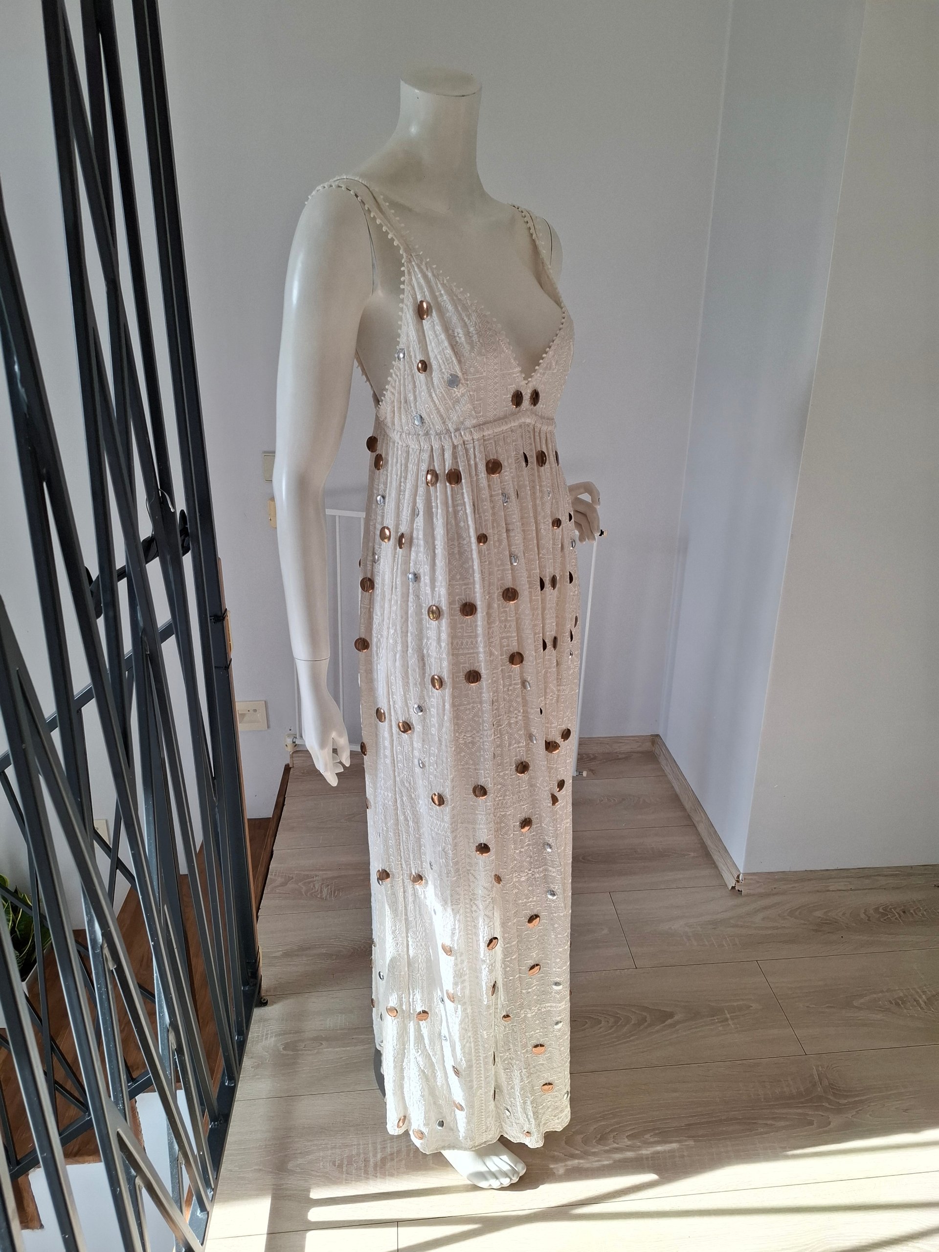 New Hayley Menzies Cream Mirror Detail Boho Maxi Dress Size M image 8