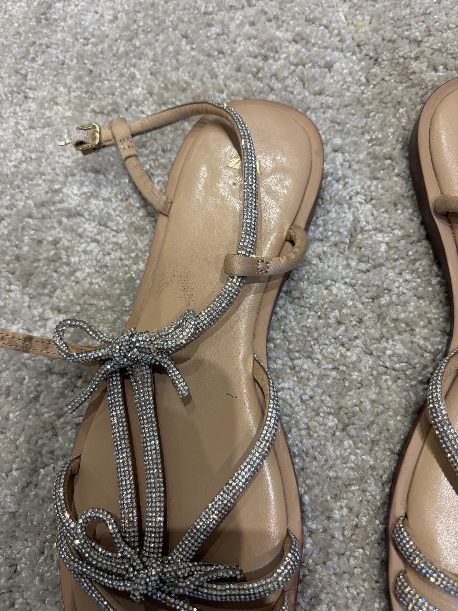 Zara Girls Nude & Silver Rhinestone Embellished Sandals Size 35 image 3