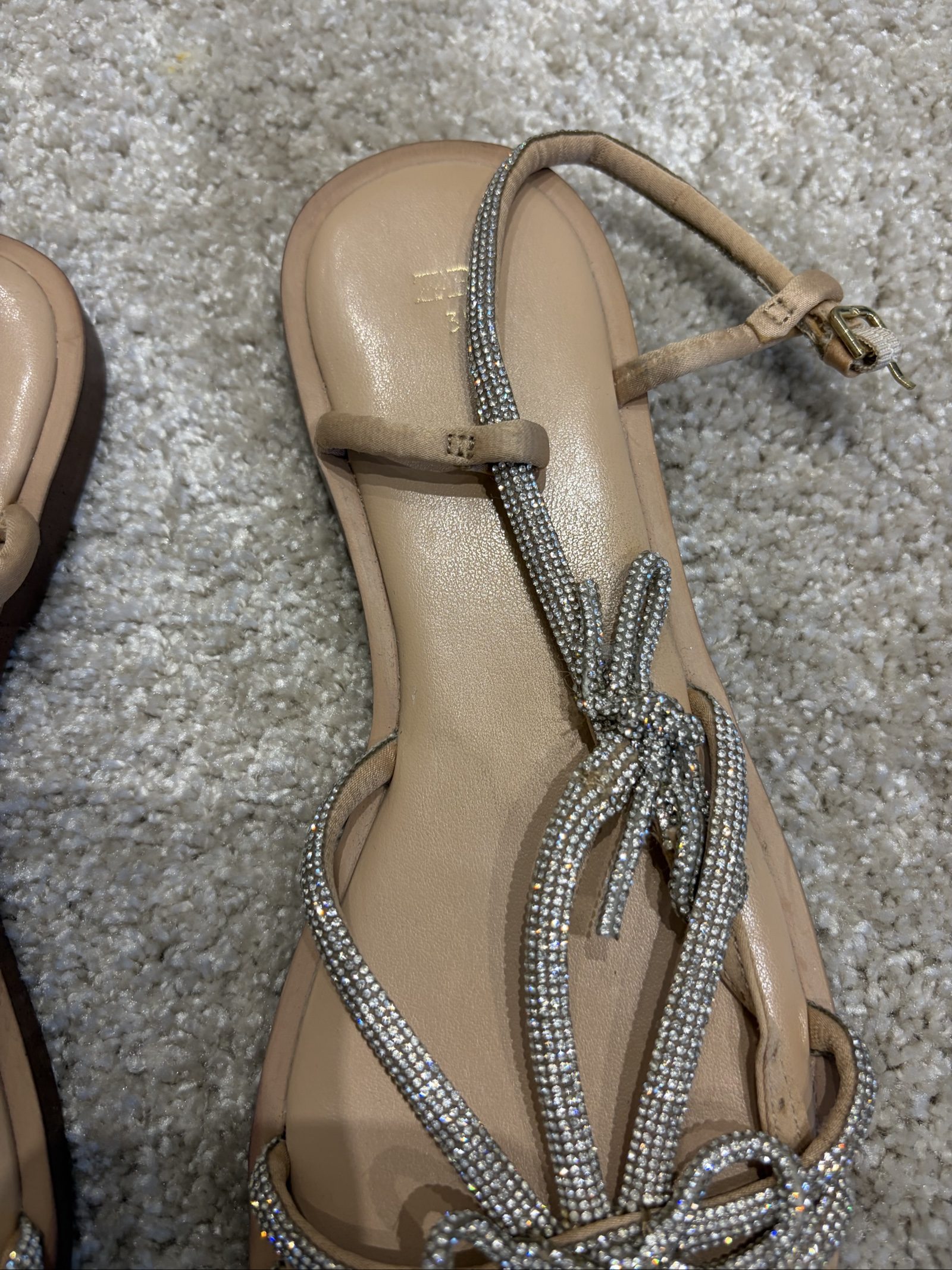 Zara Girls Nude & Silver Rhinestone Embellished Sandals Size 35 image 2