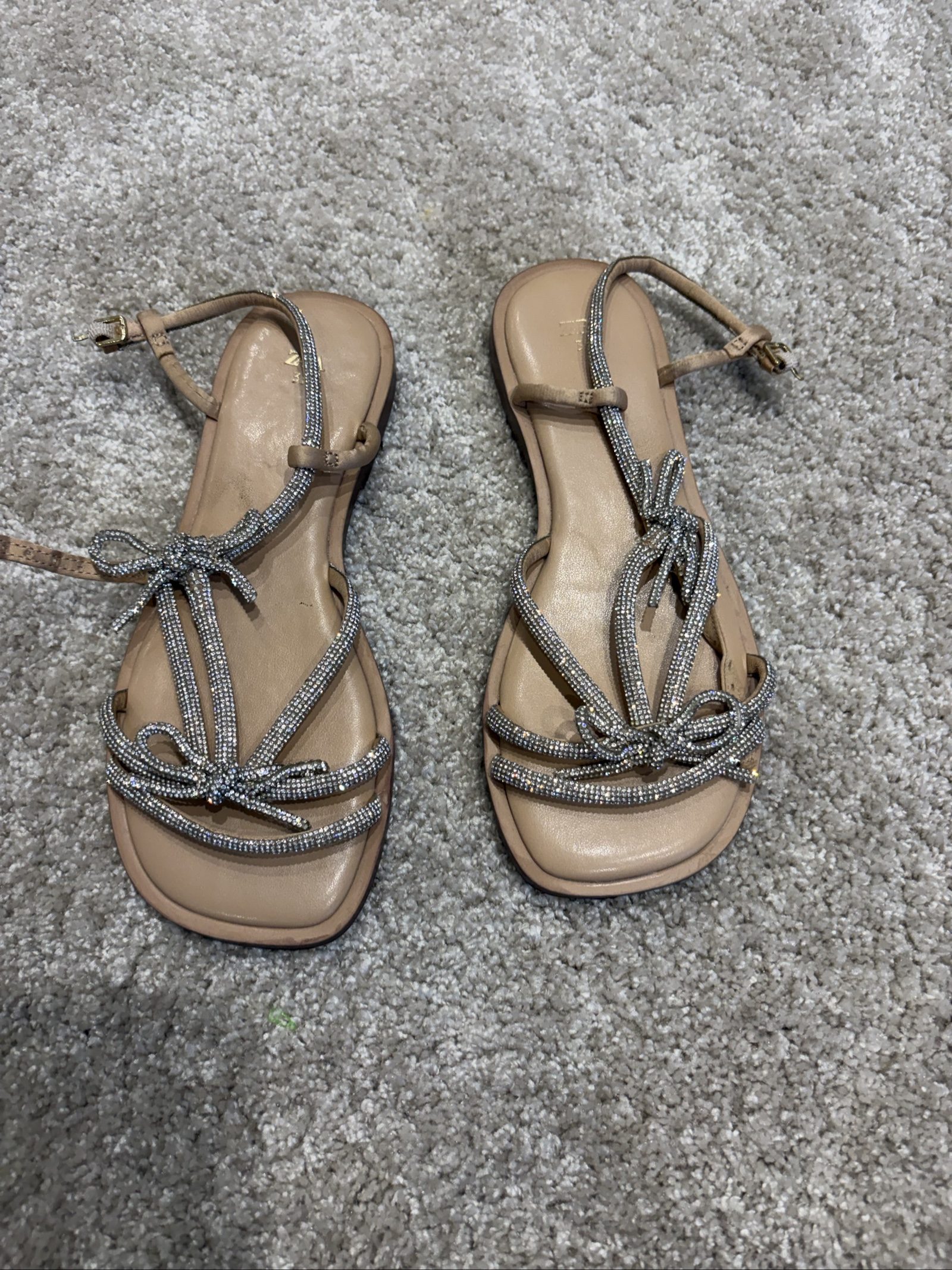 Zara Girls Nude & Silver Rhinestone Embellished Sandals Size 35
