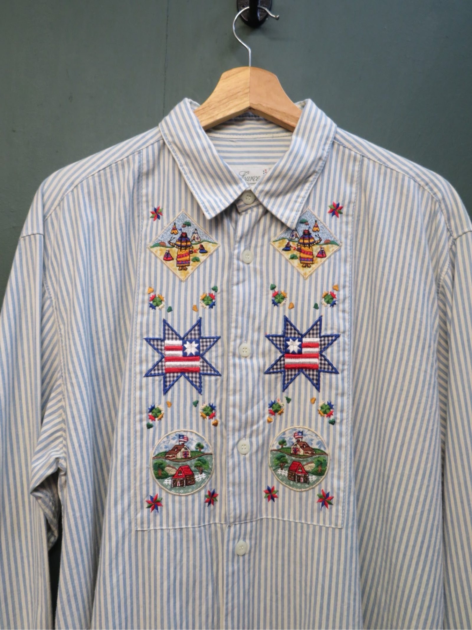 Source Blue & White Striped Embroidered Cotton Shirt Large