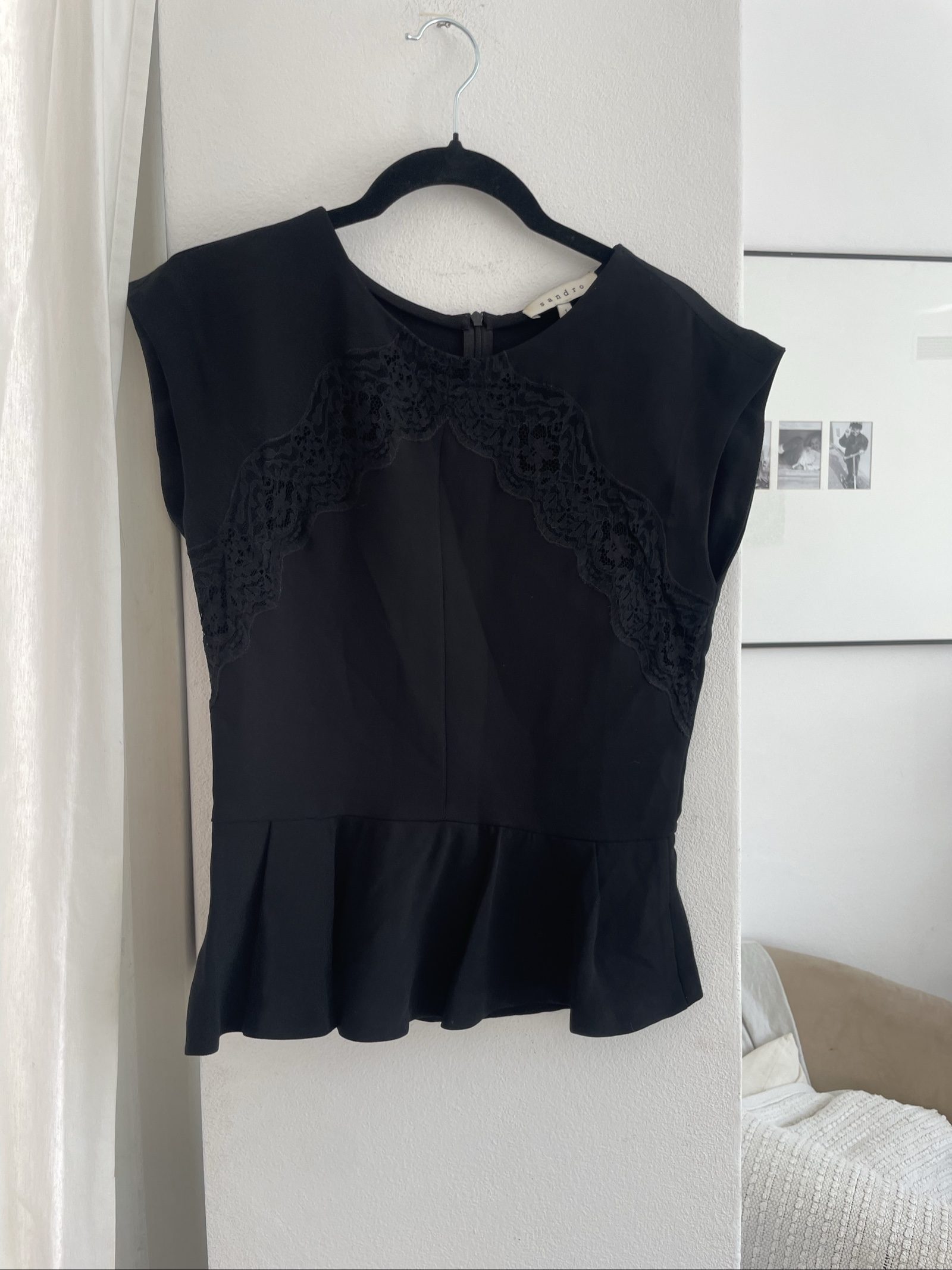 Sandro Black Lace Detail Peplum Top Small