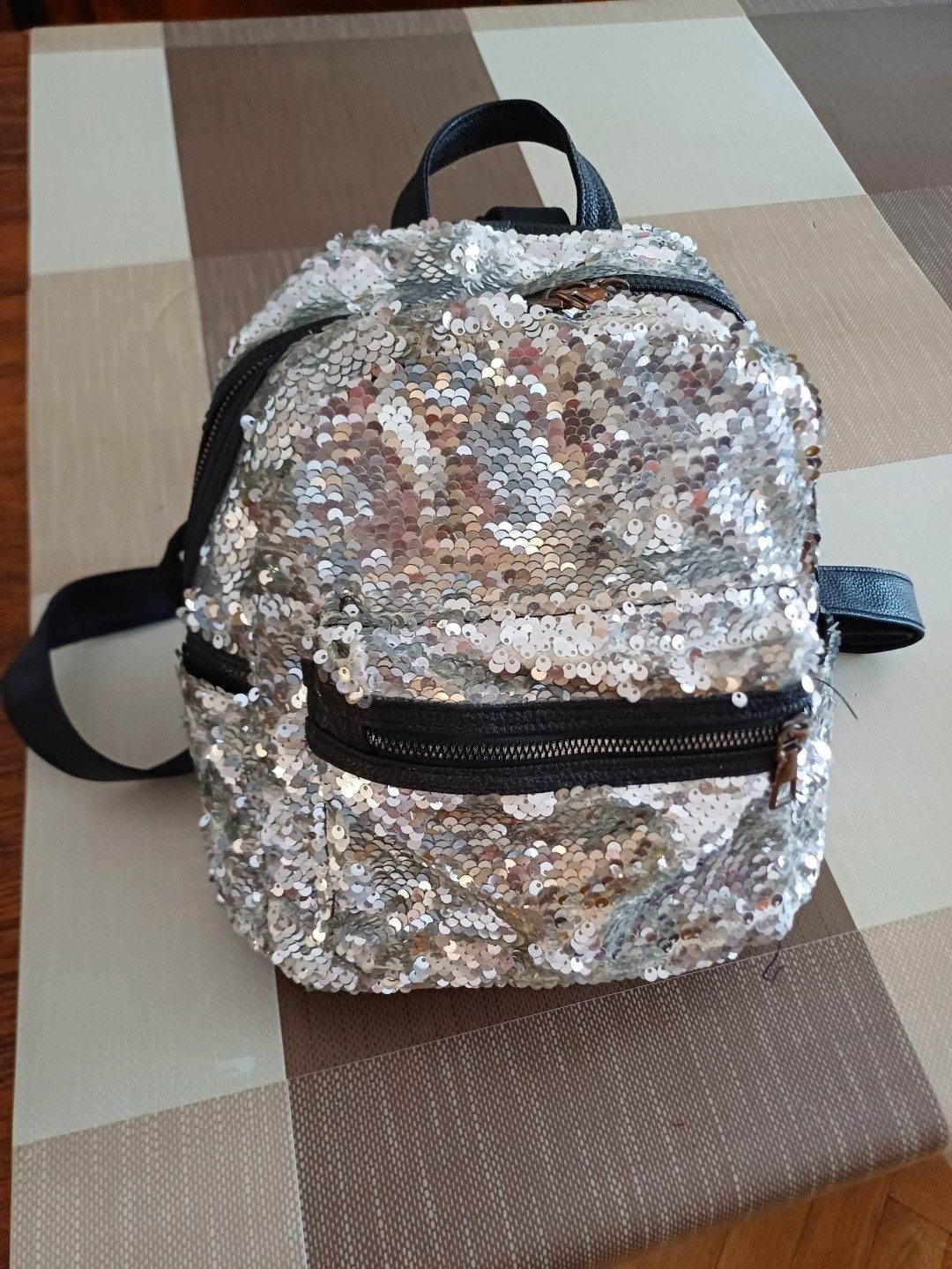Sequined Silver & Black Mini Backpack